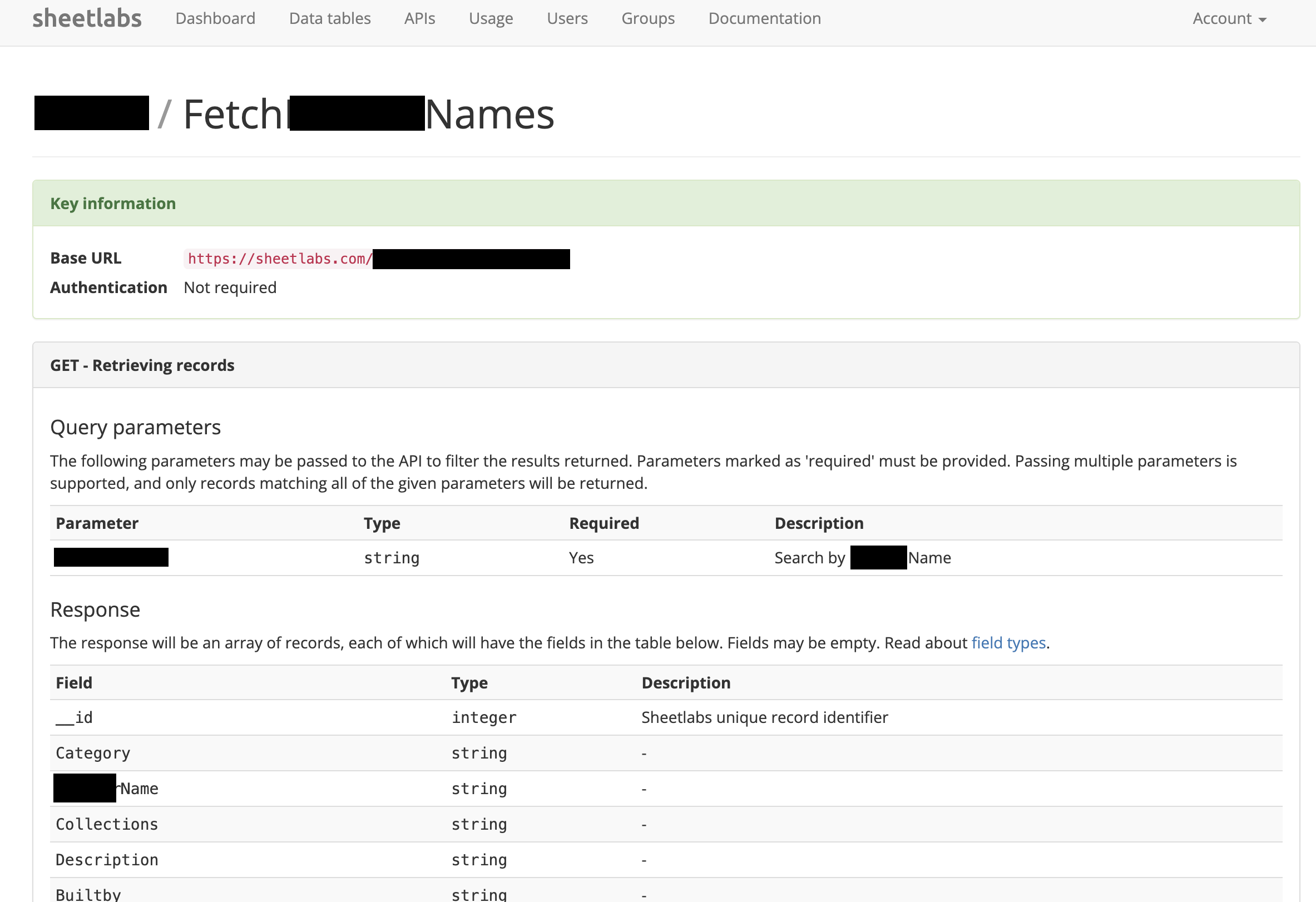 Sheetlabs API Details page showing the Base URL