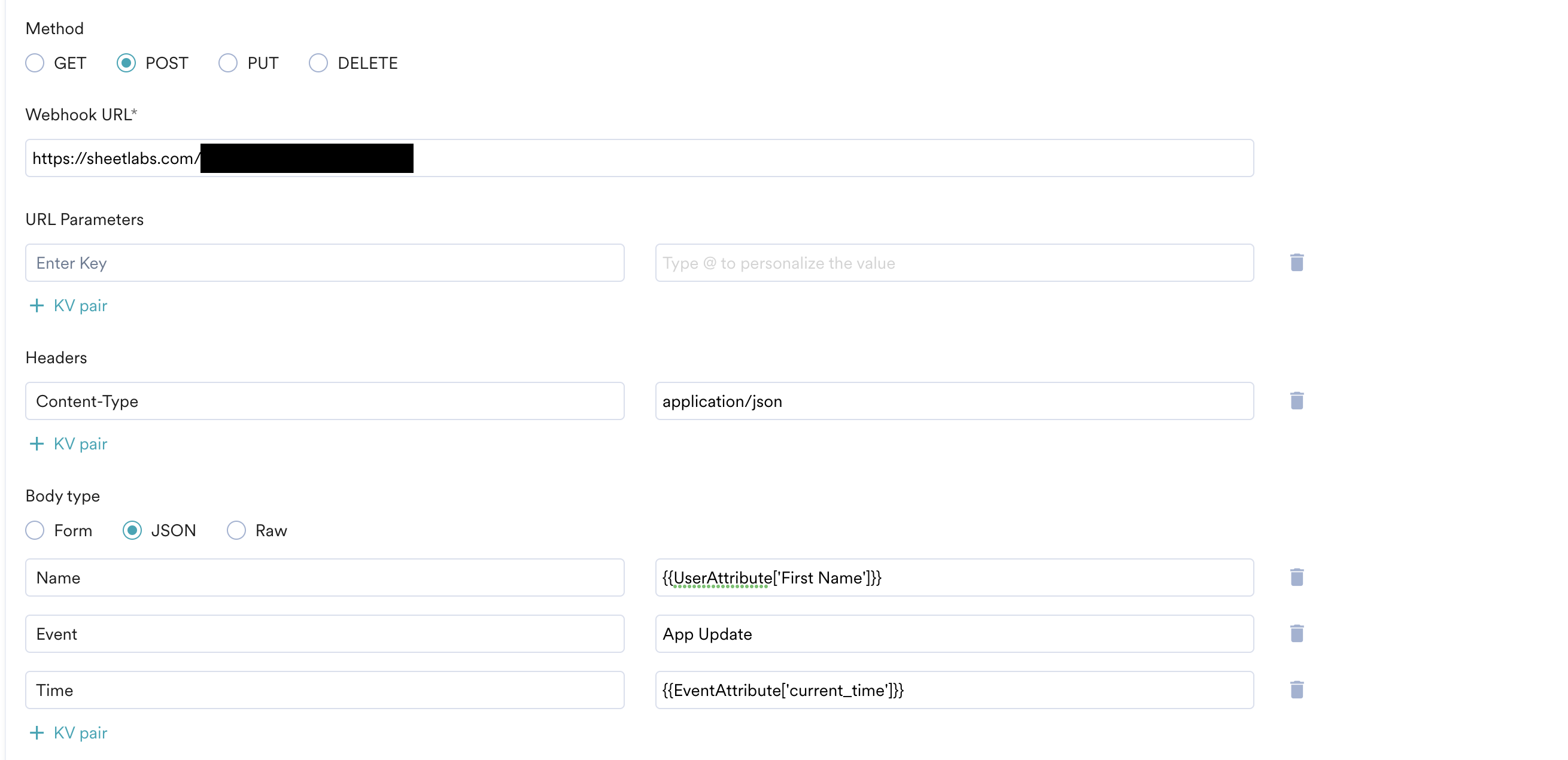Connector campaign webhook configuration for Sheetlabs