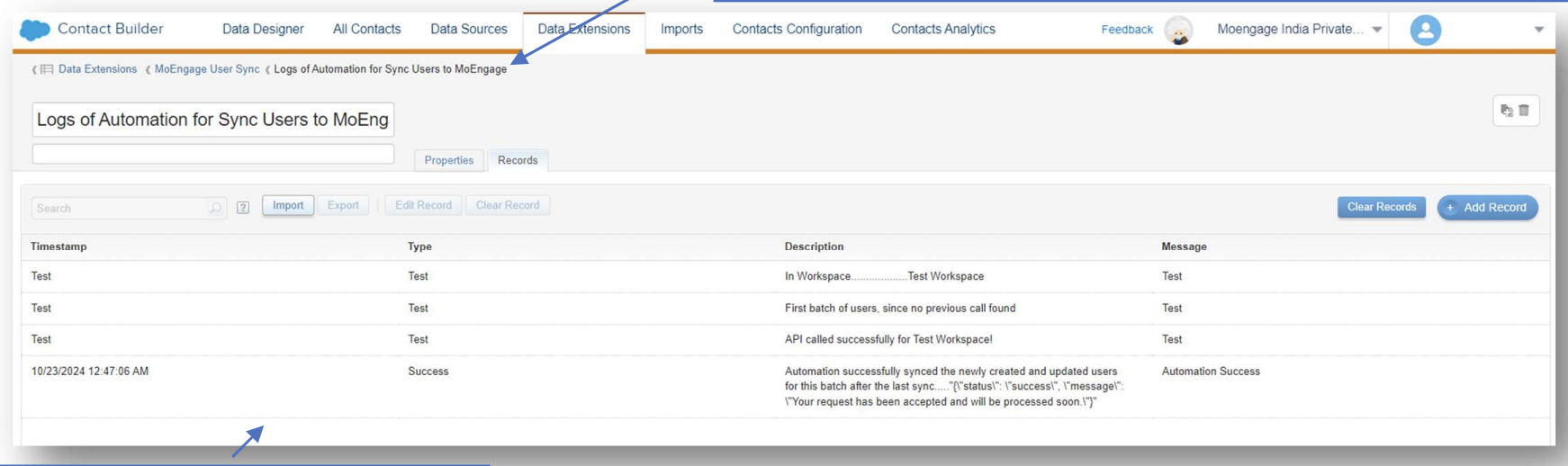 Logs of Automation for Sync Users to MoEngage Data Extension