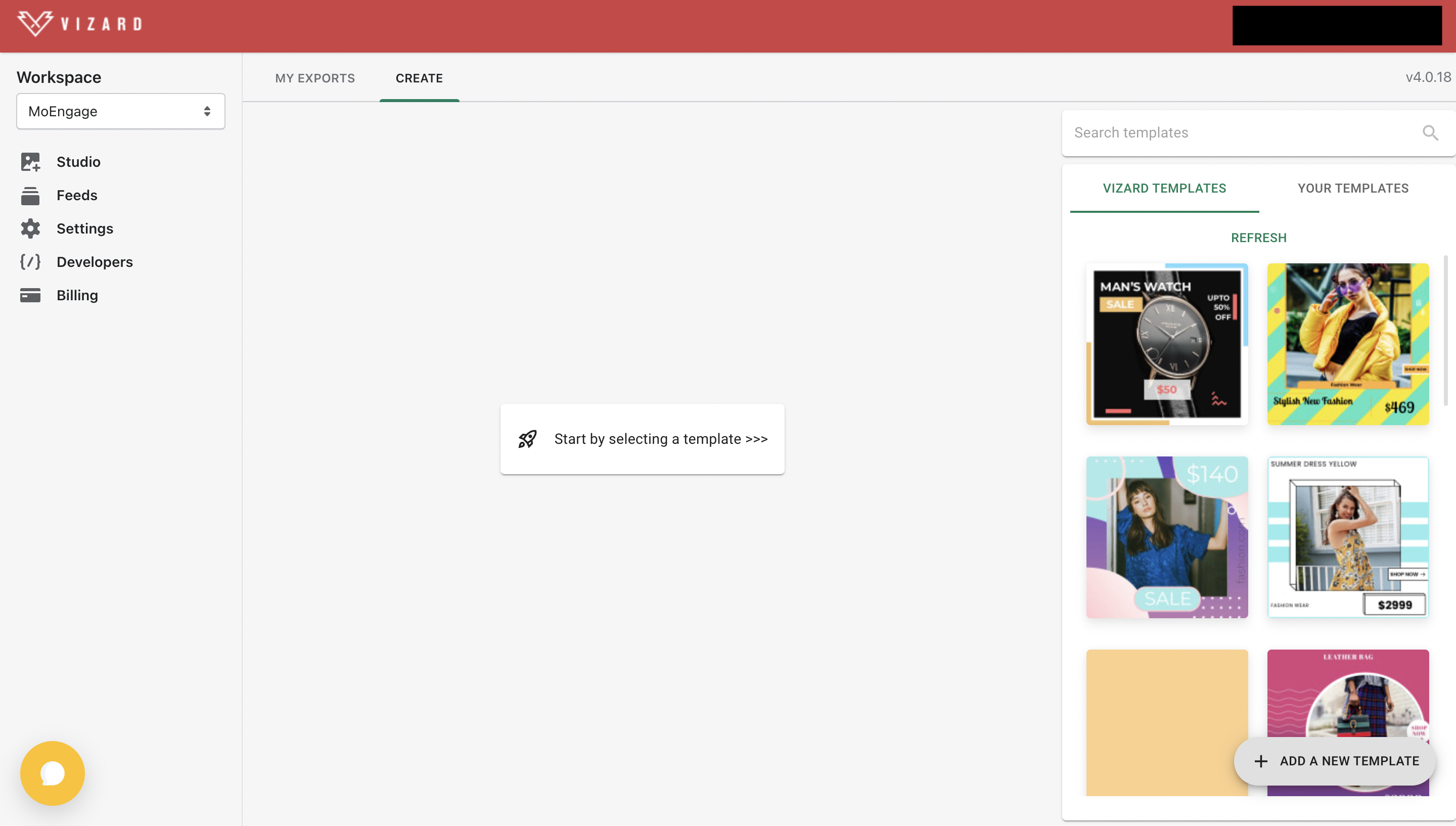 Vizard new project screen with template options