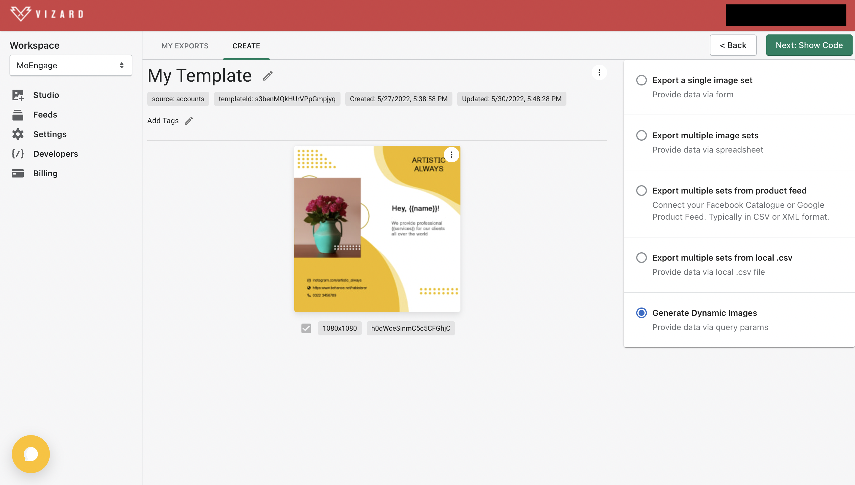 Vizard Use this template screen with the Generate Dynamic Images option selected