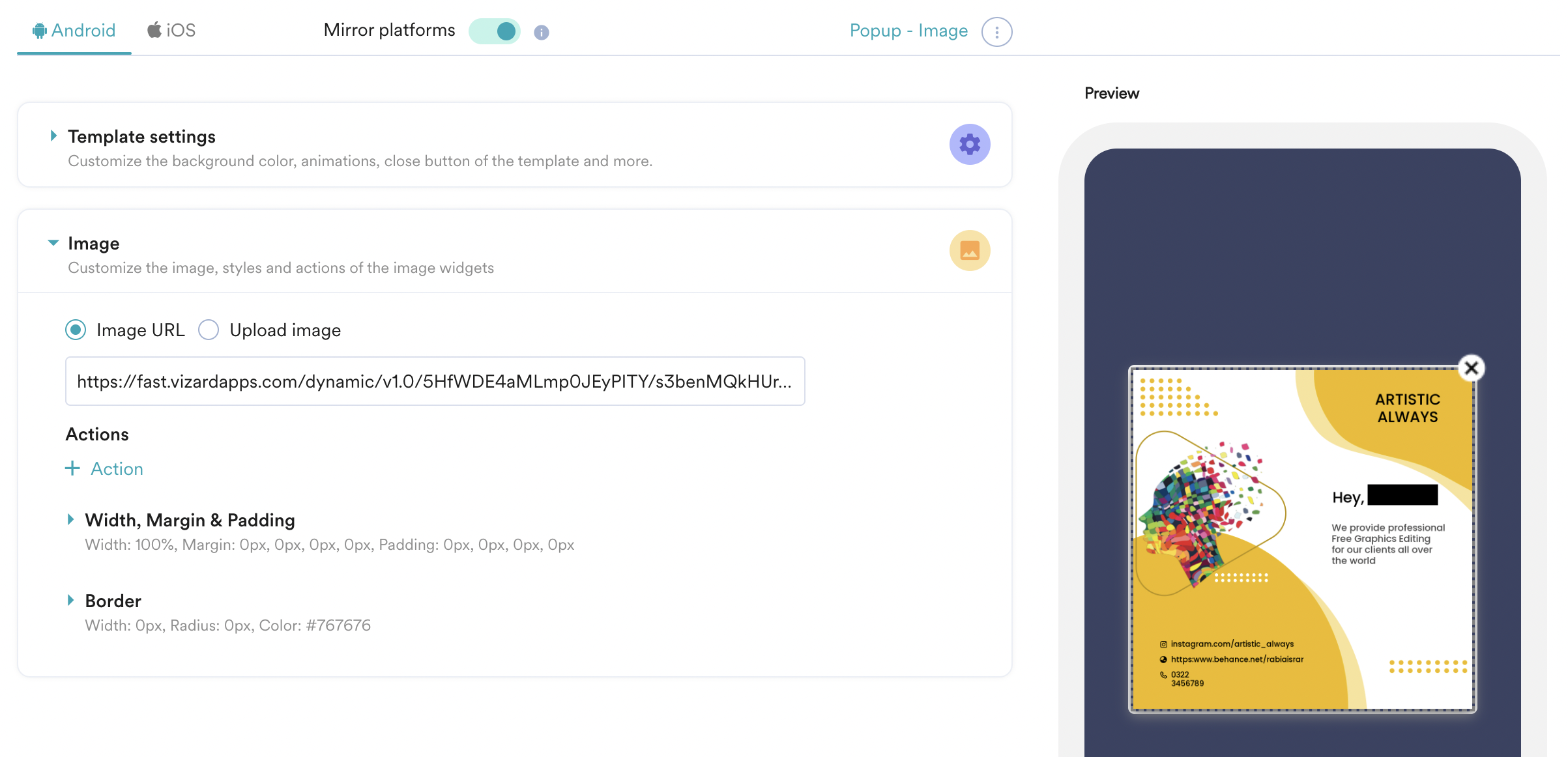 MoEngage in-app campaign editor with the Vizard image URL configured