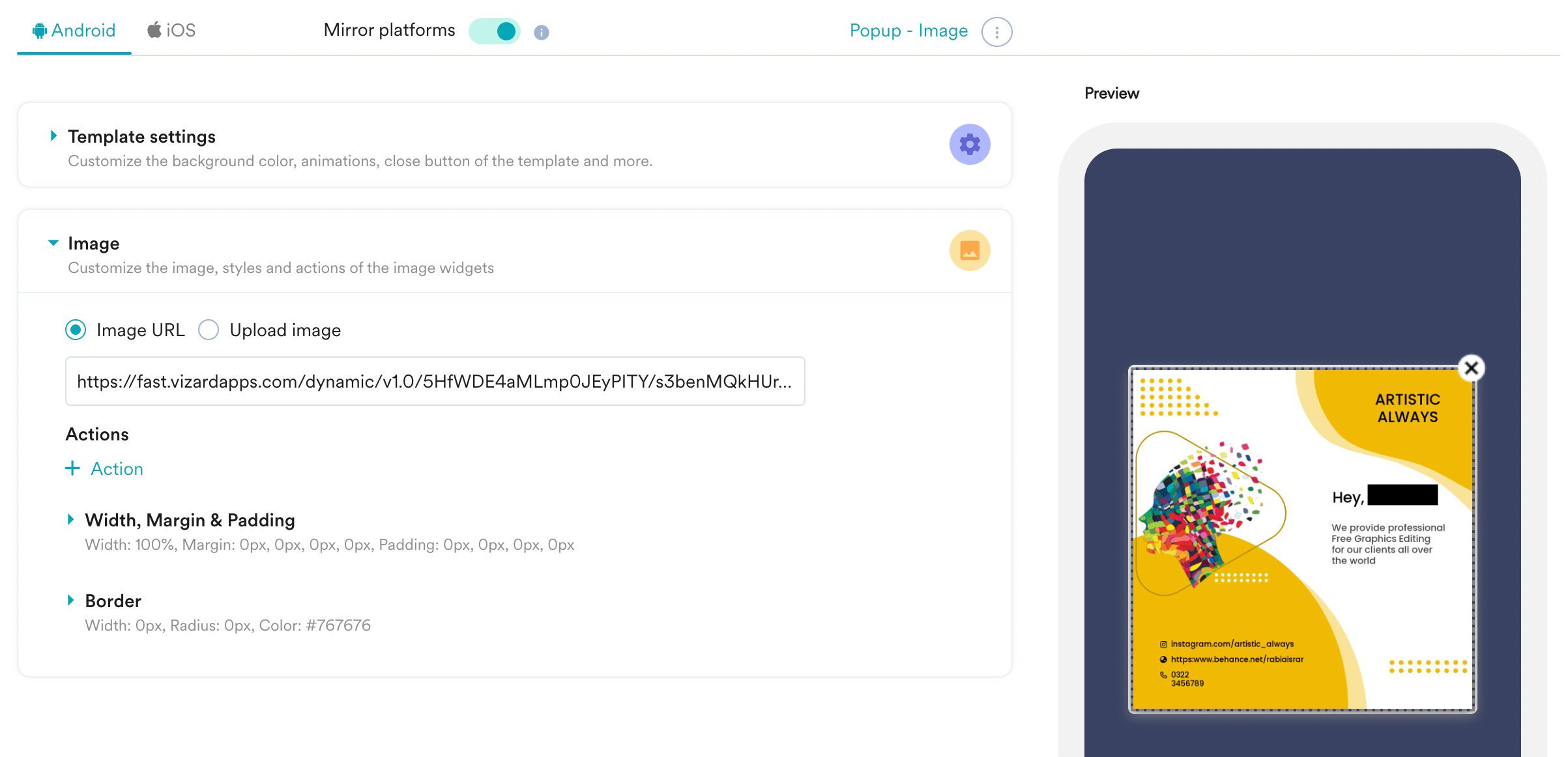 MoEngage in-app campaign editor with the Vizard image URL configured