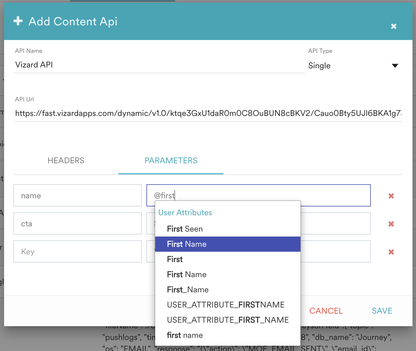 Content API parameter editor with personalized user attributes mapped