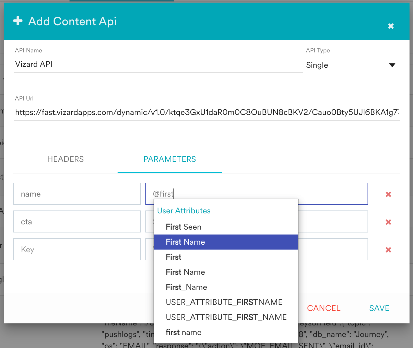 Content API parameter editor with personalized user attributes mapped