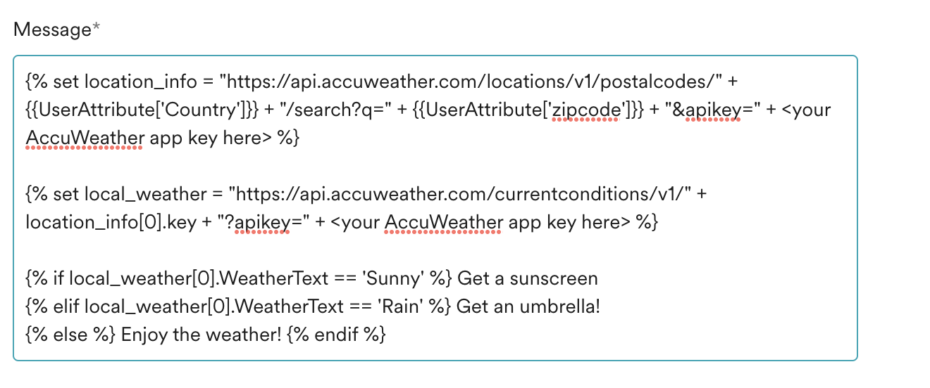 MoEngage editor with conditional weather-based content templated using JINJA