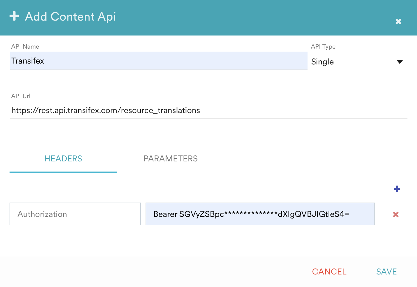 Headers section of the MoEngage Content API configuration with Authorization set to a bearer token