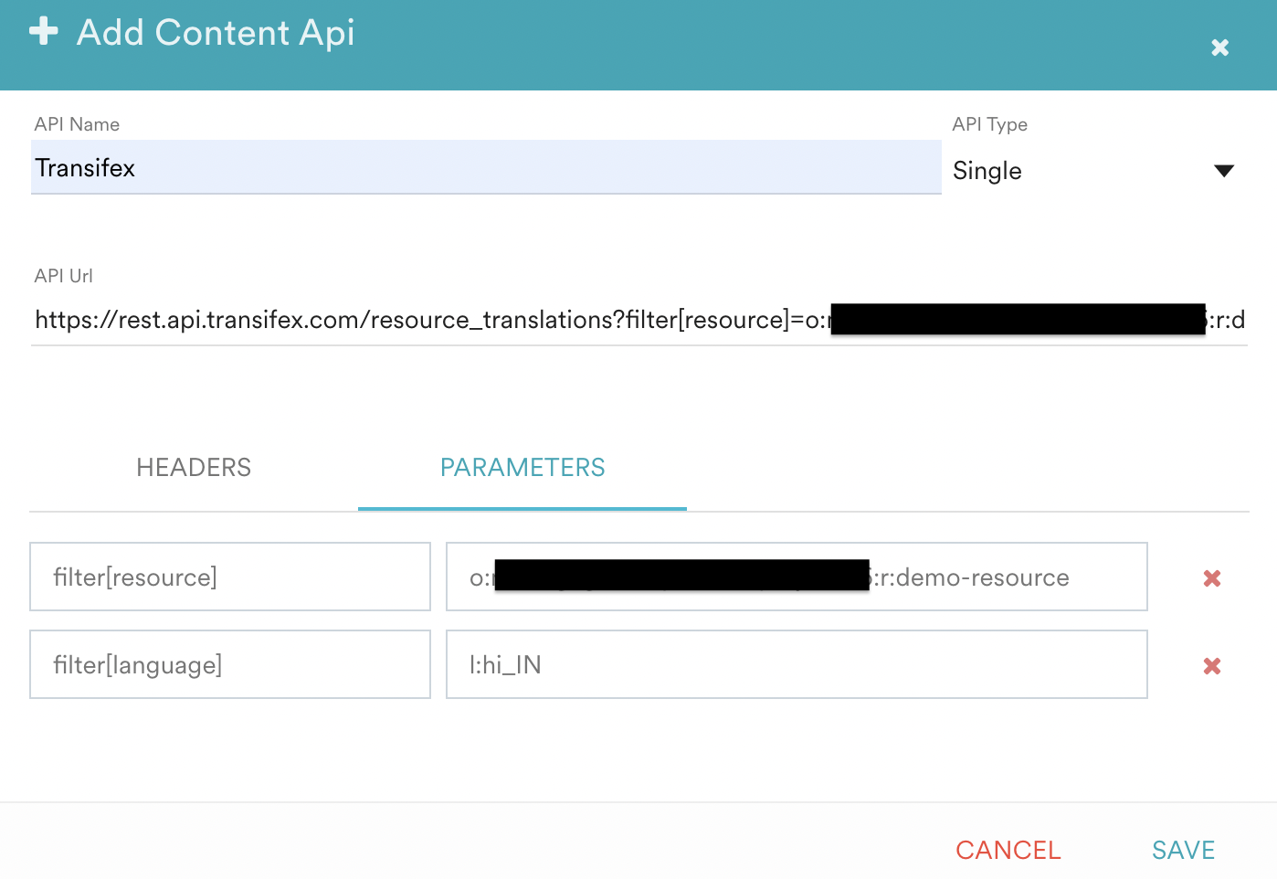 Parameters section of the MoEngage Content API configuration with the resource and language filters set