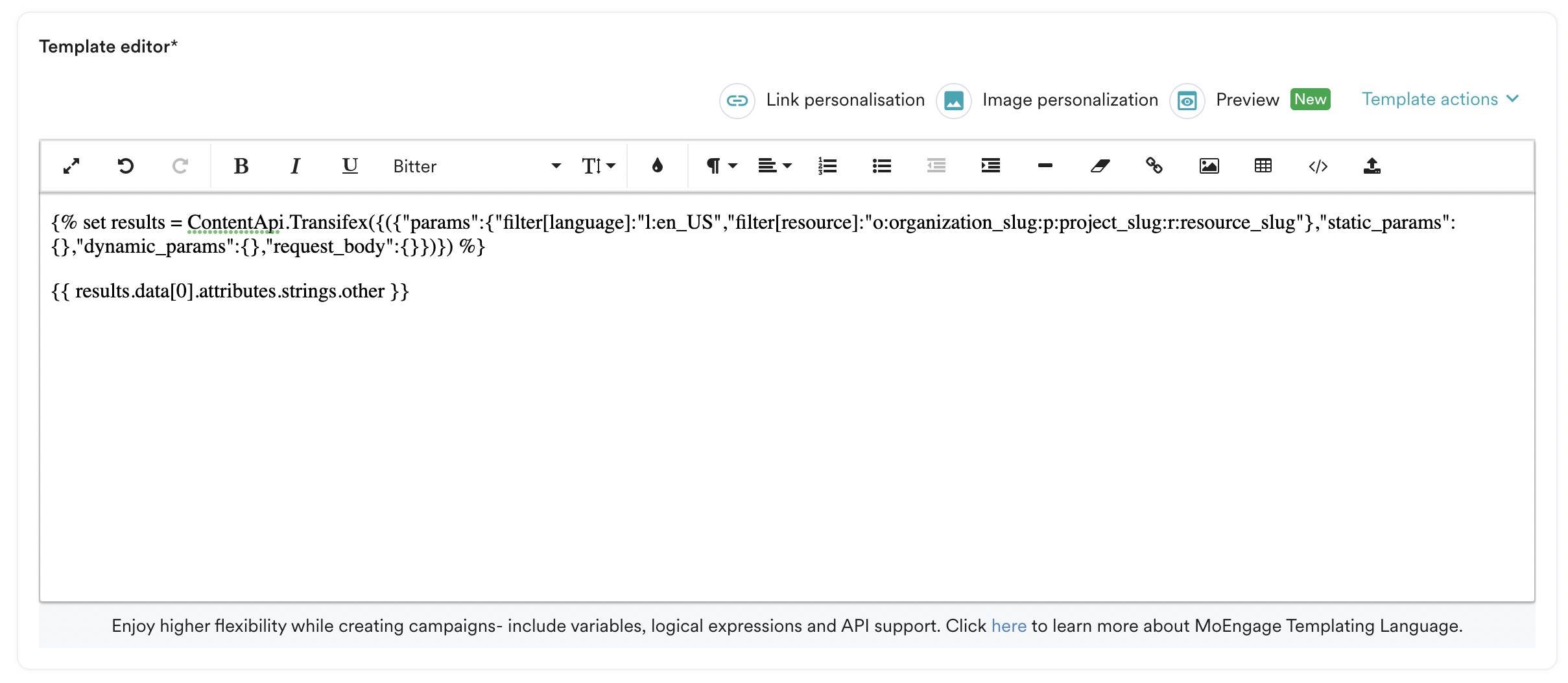 MoEngage editor with Transifex translations being inserted using JINJA