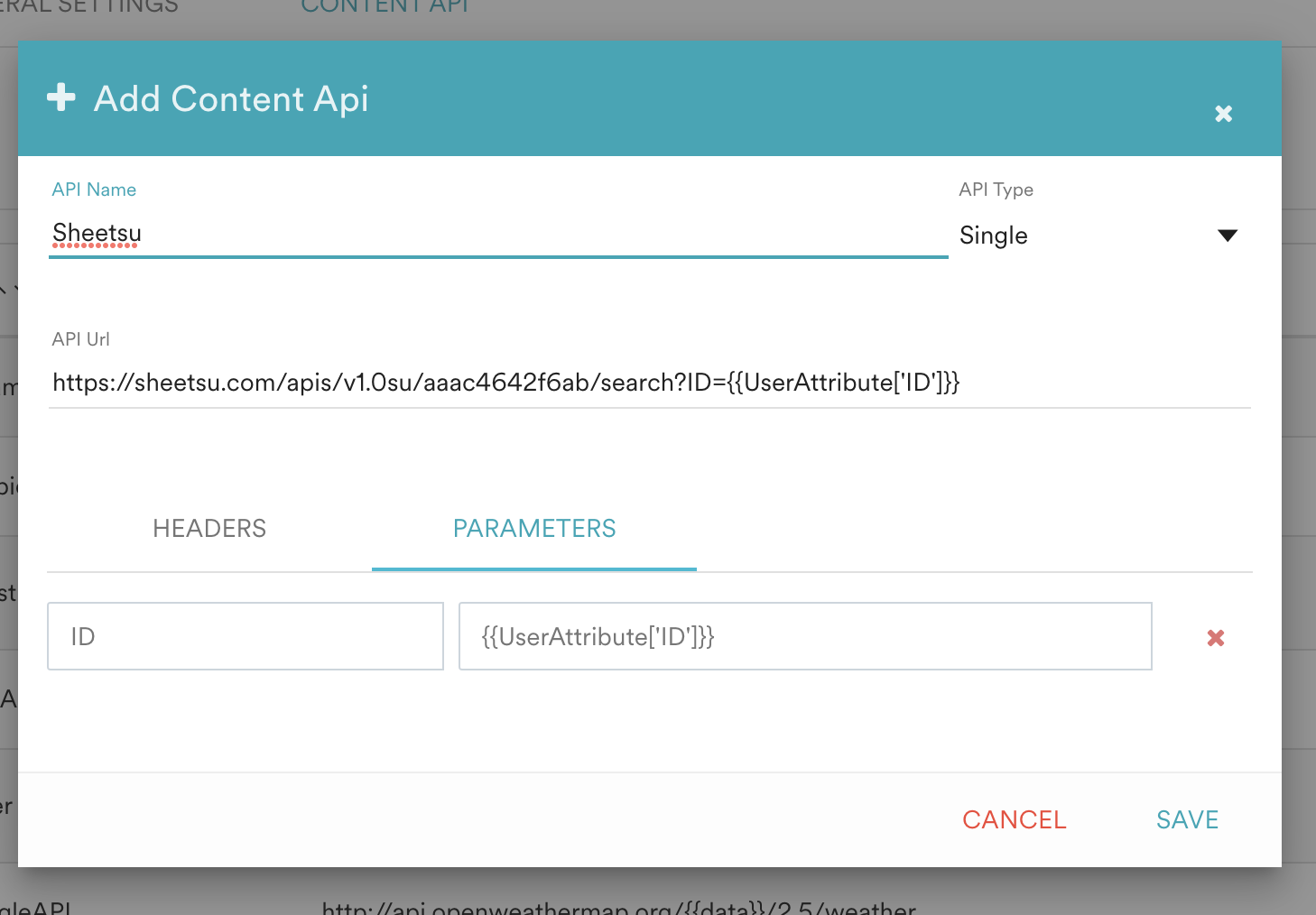 Configuring Sheetsu name and API URL as a Content API