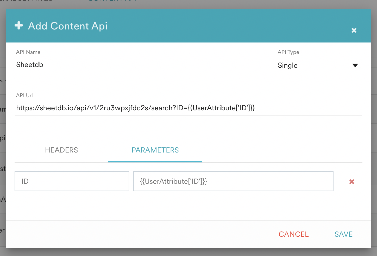 Configuring Sheetdb name and API URL as a Content API