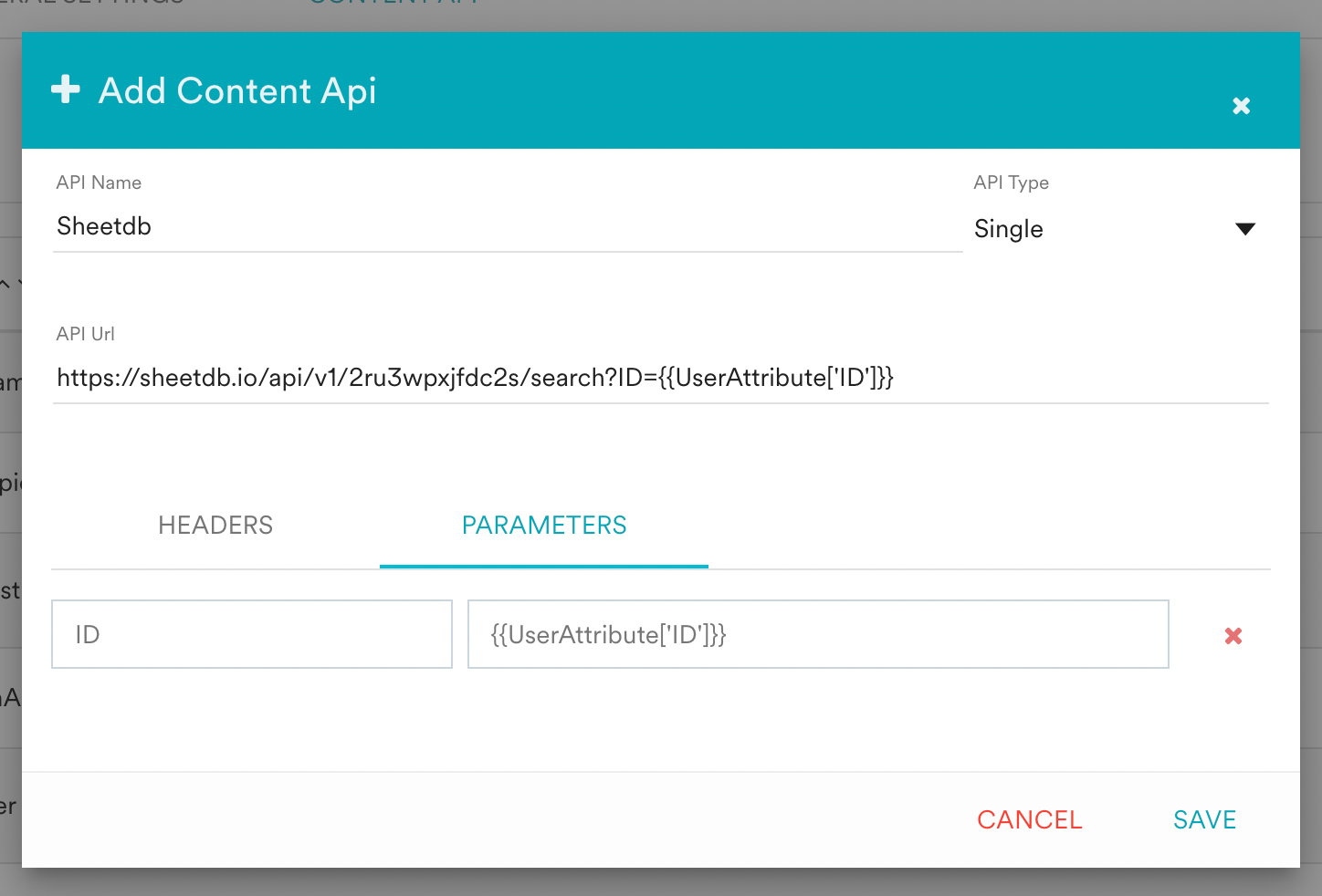 Configuring Sheetdb name and API URL as a Content API