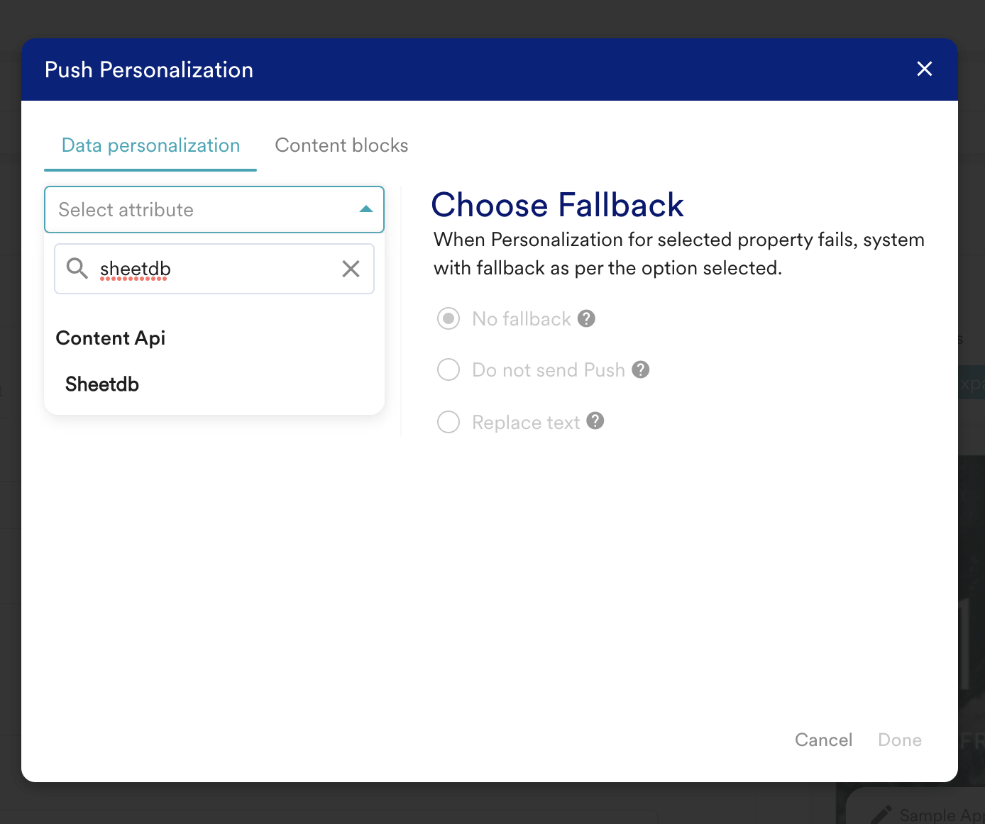 Selecting the Sheetdb Content API while creating a campaign
