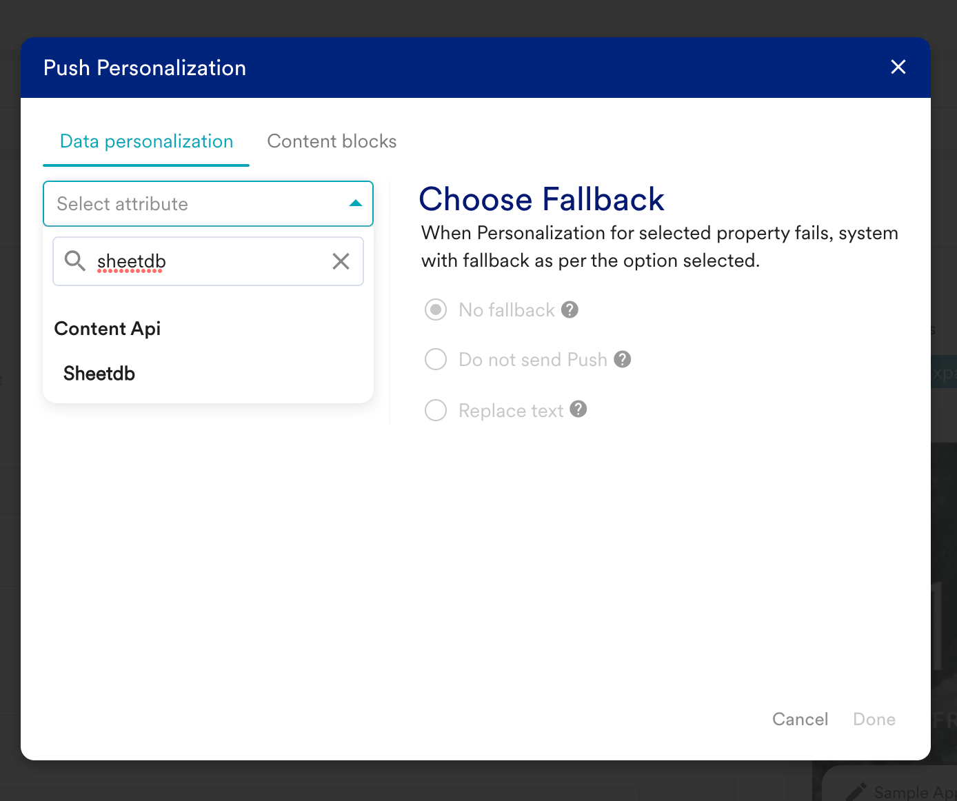Selecting the Sheetdb Content API while creating a campaign