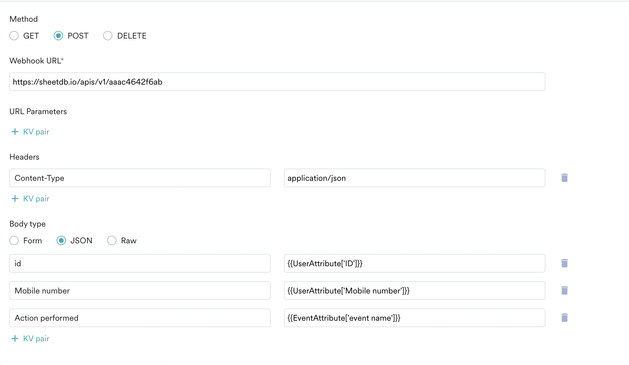 Connector campaign webhook configuration for Sheetdb