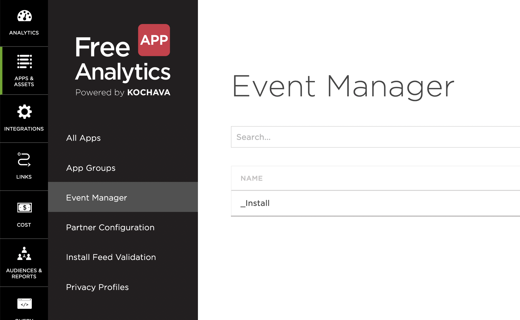 App & Assets menu showing the Event Manager option in Kochava