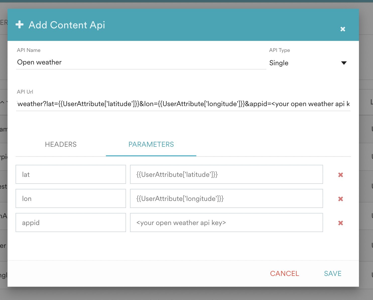 MoEngage parameter editor showing latitude and longitude mapped to user attributes