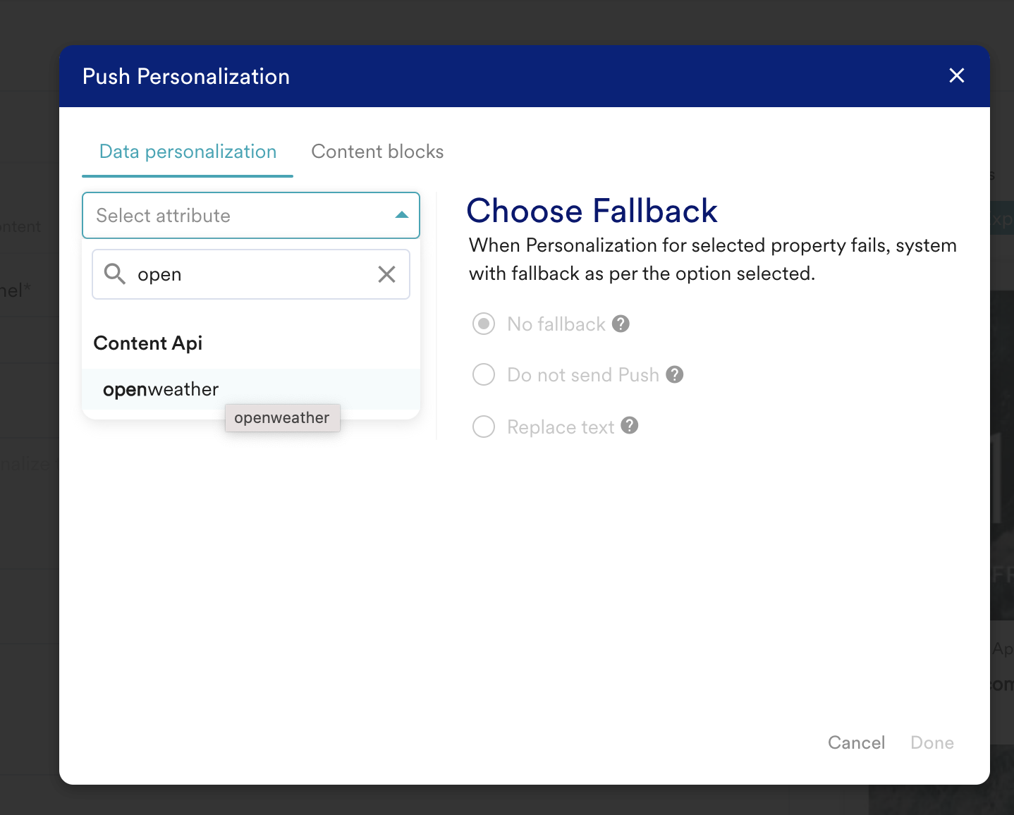 MoEngage personalization editor with the Open Weather Content API being inserted