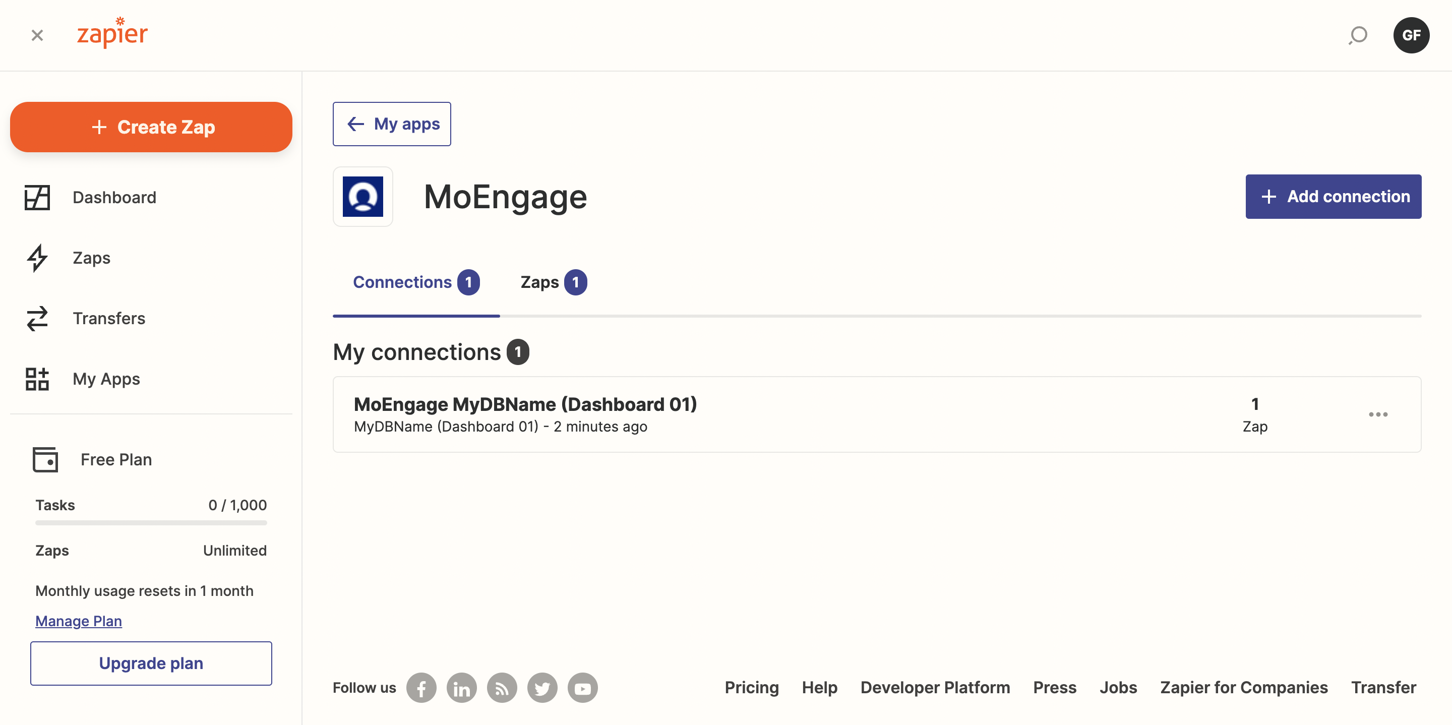 MoEngage app listed under Zapier apps with name and region