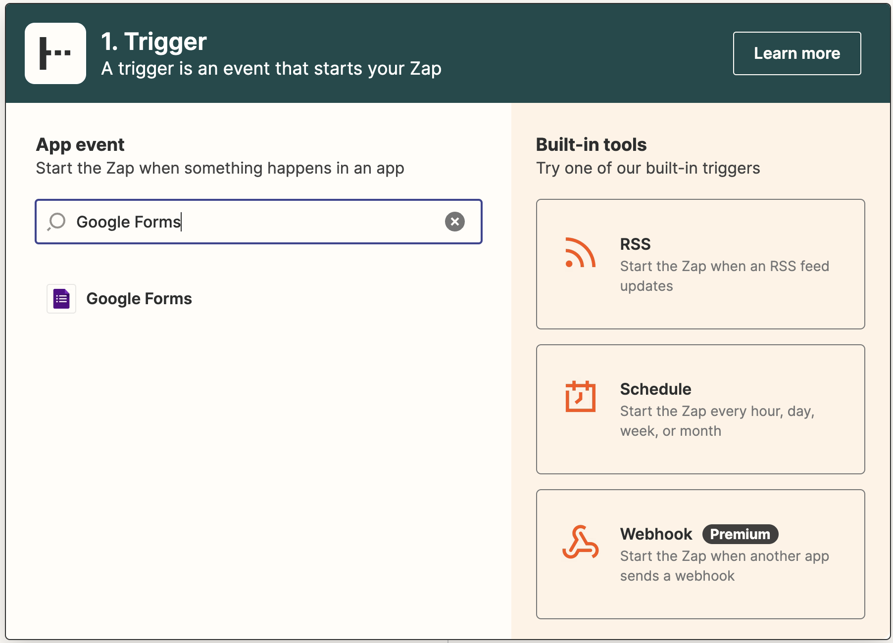 Selecting Google Forms as the trigger app in Zapier
