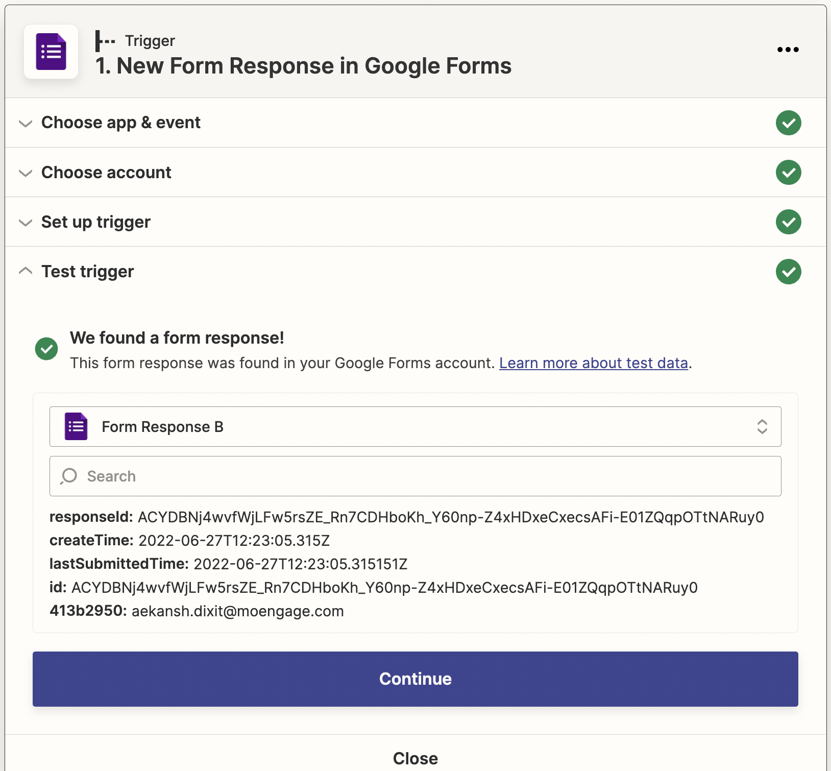 Setup trigger step showing form selection and sample data