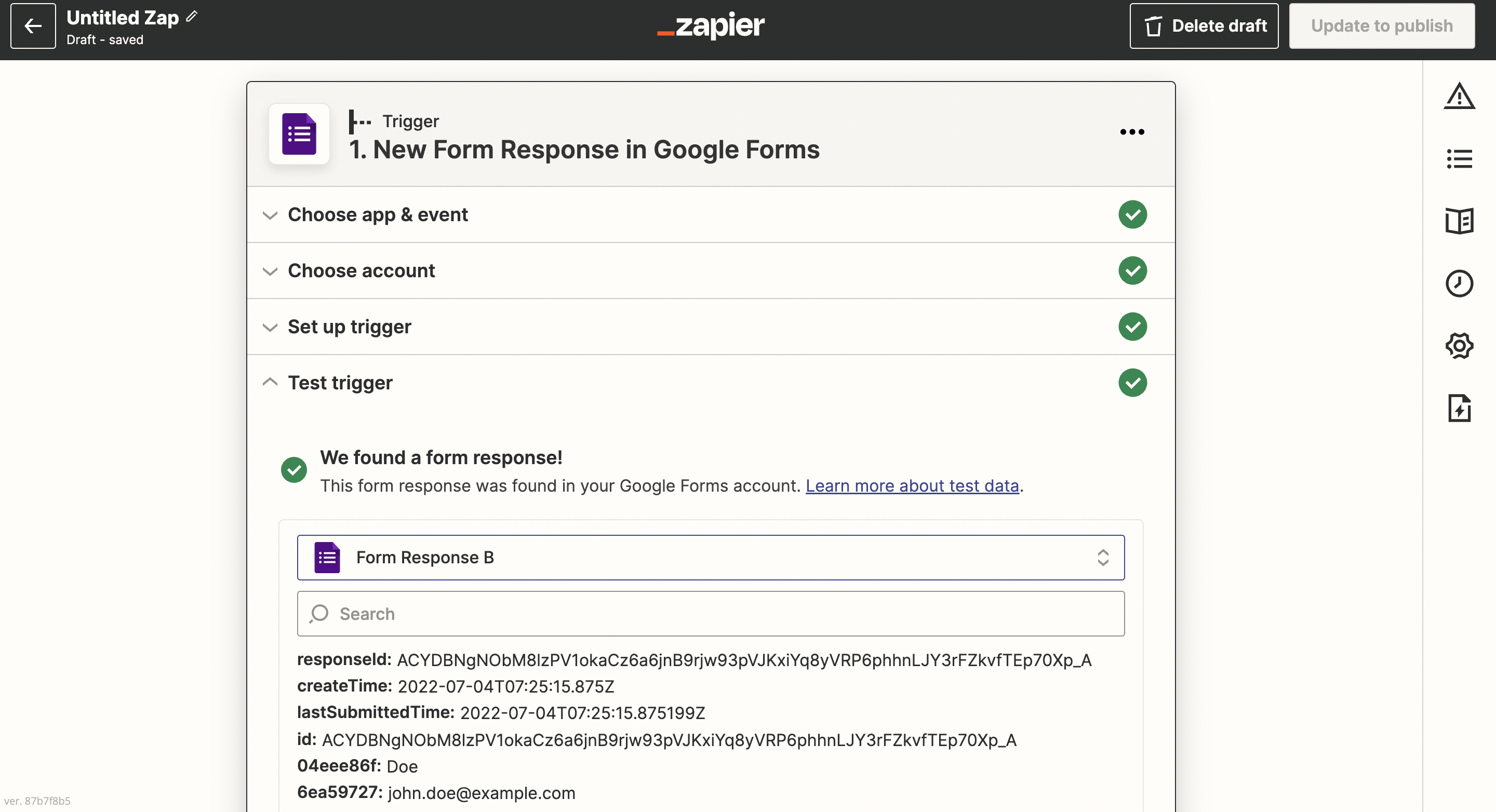 Google Forms trigger setup with selected form