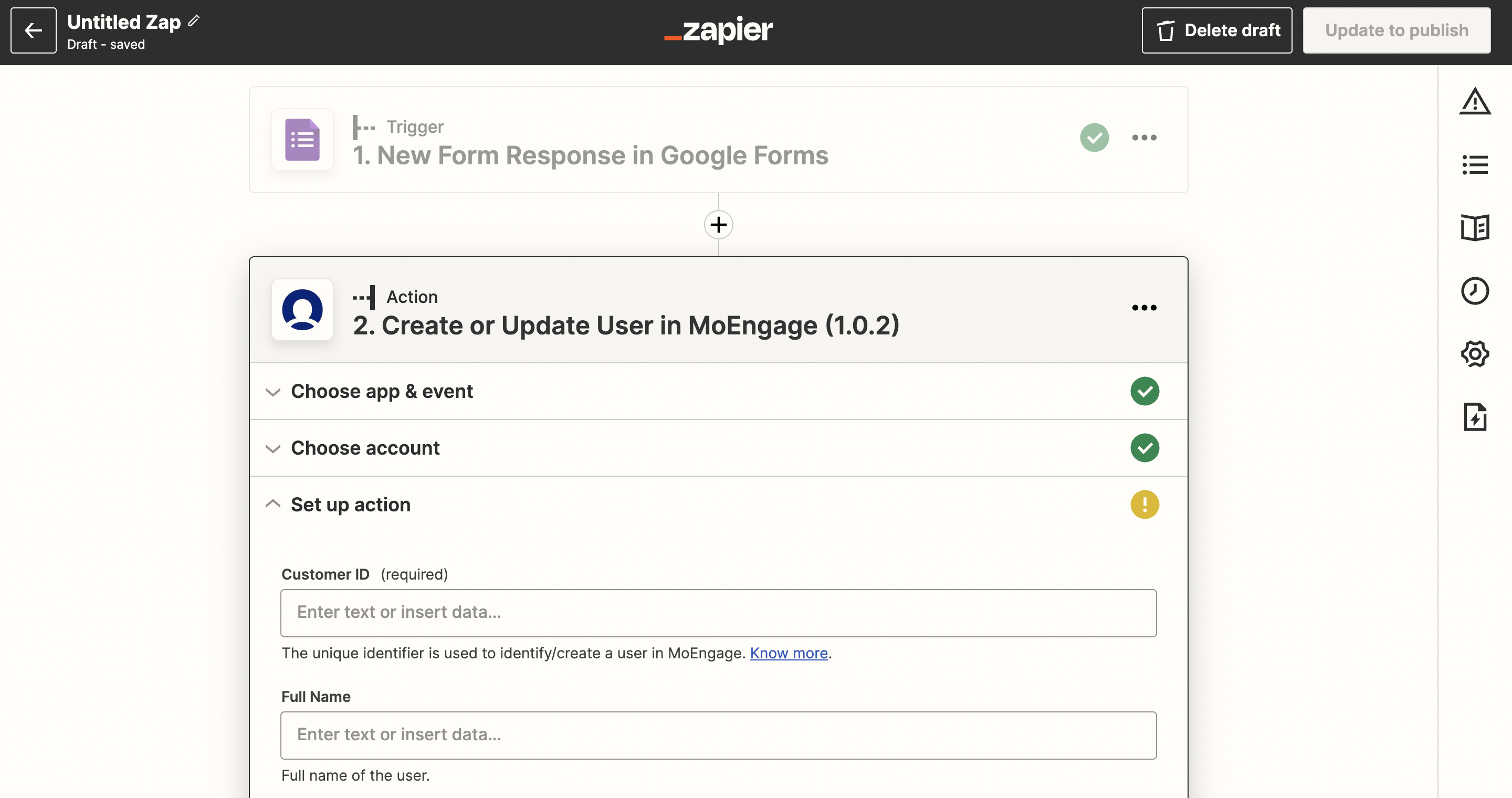 Create or Update User action setup with attribute fields