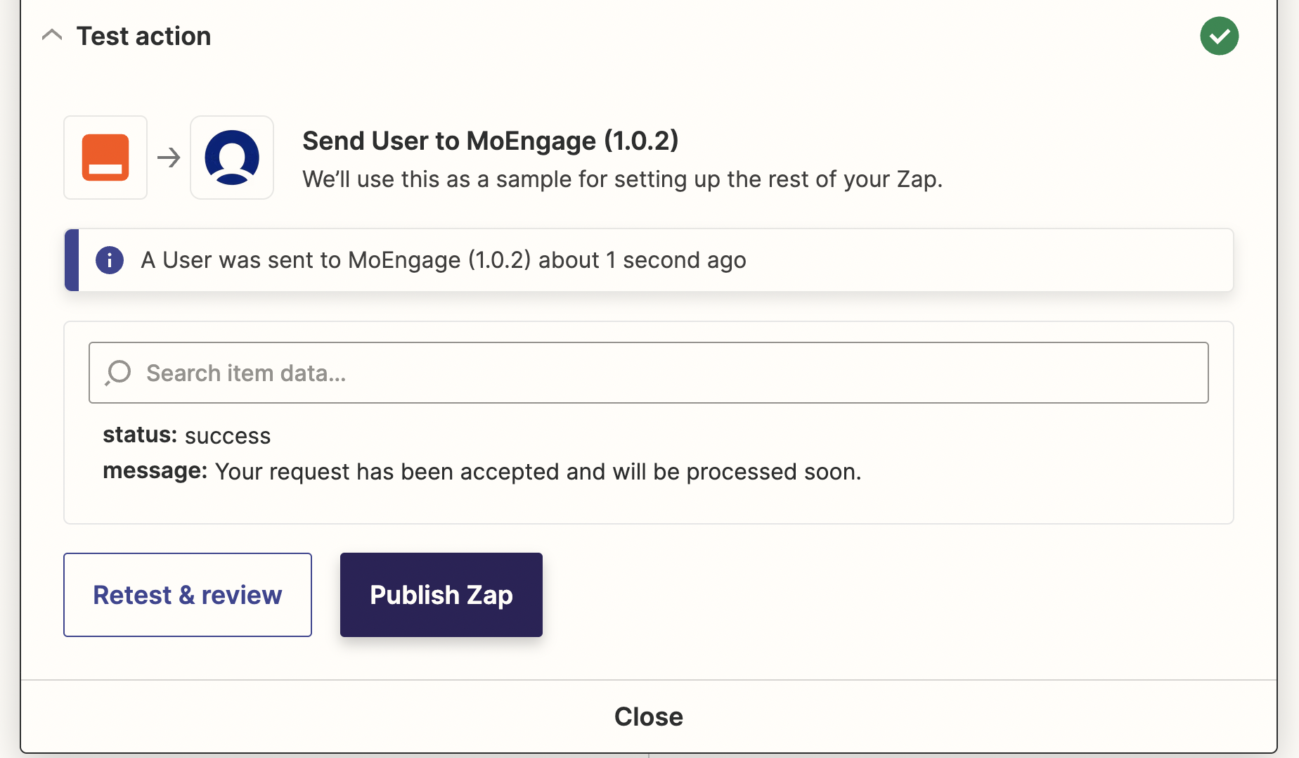 Successful API call response for Create or Update User action