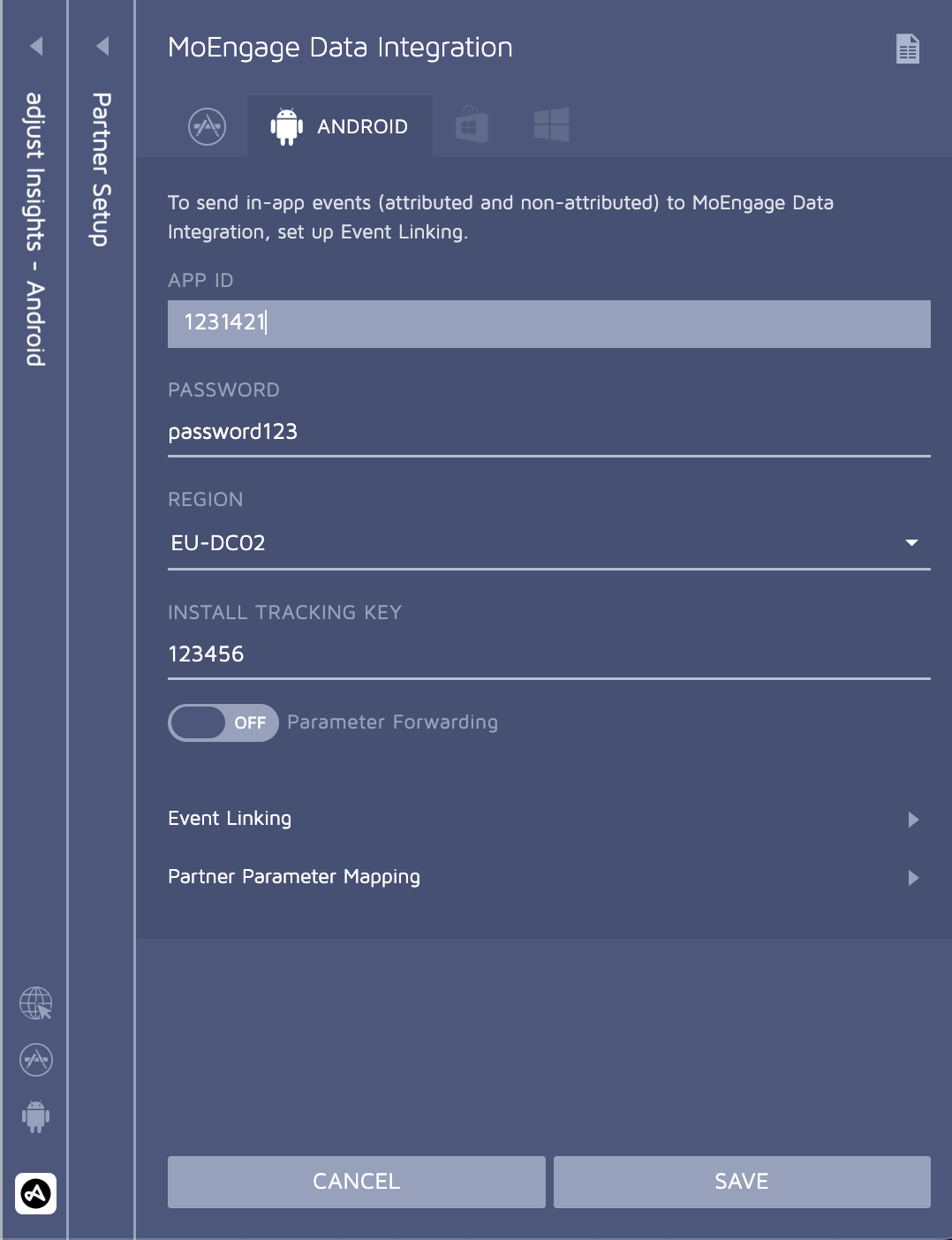 Adjust partner setup screen with MoEngage selection