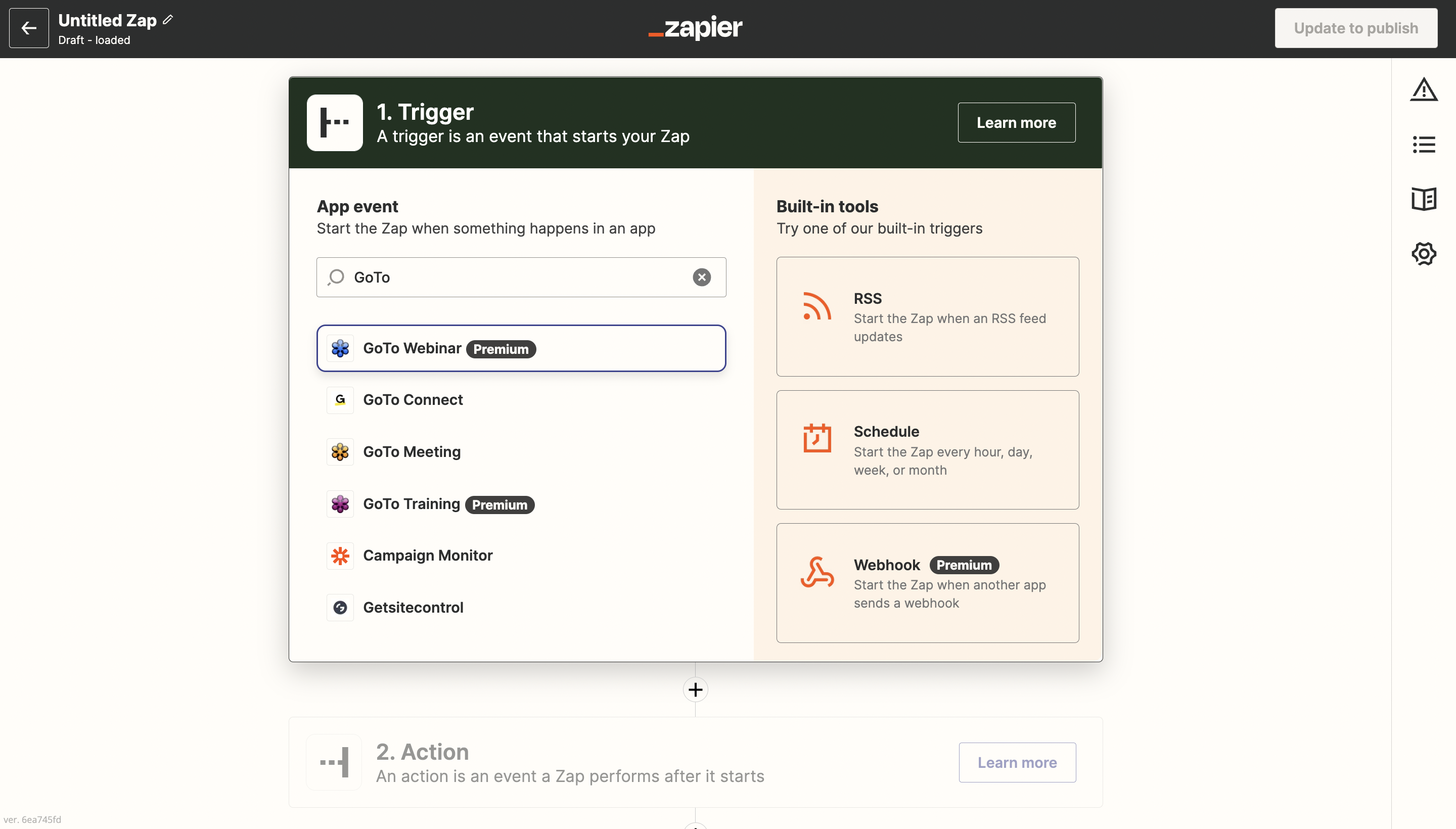 Selecting GoTo Webinar as the trigger app in Zapier