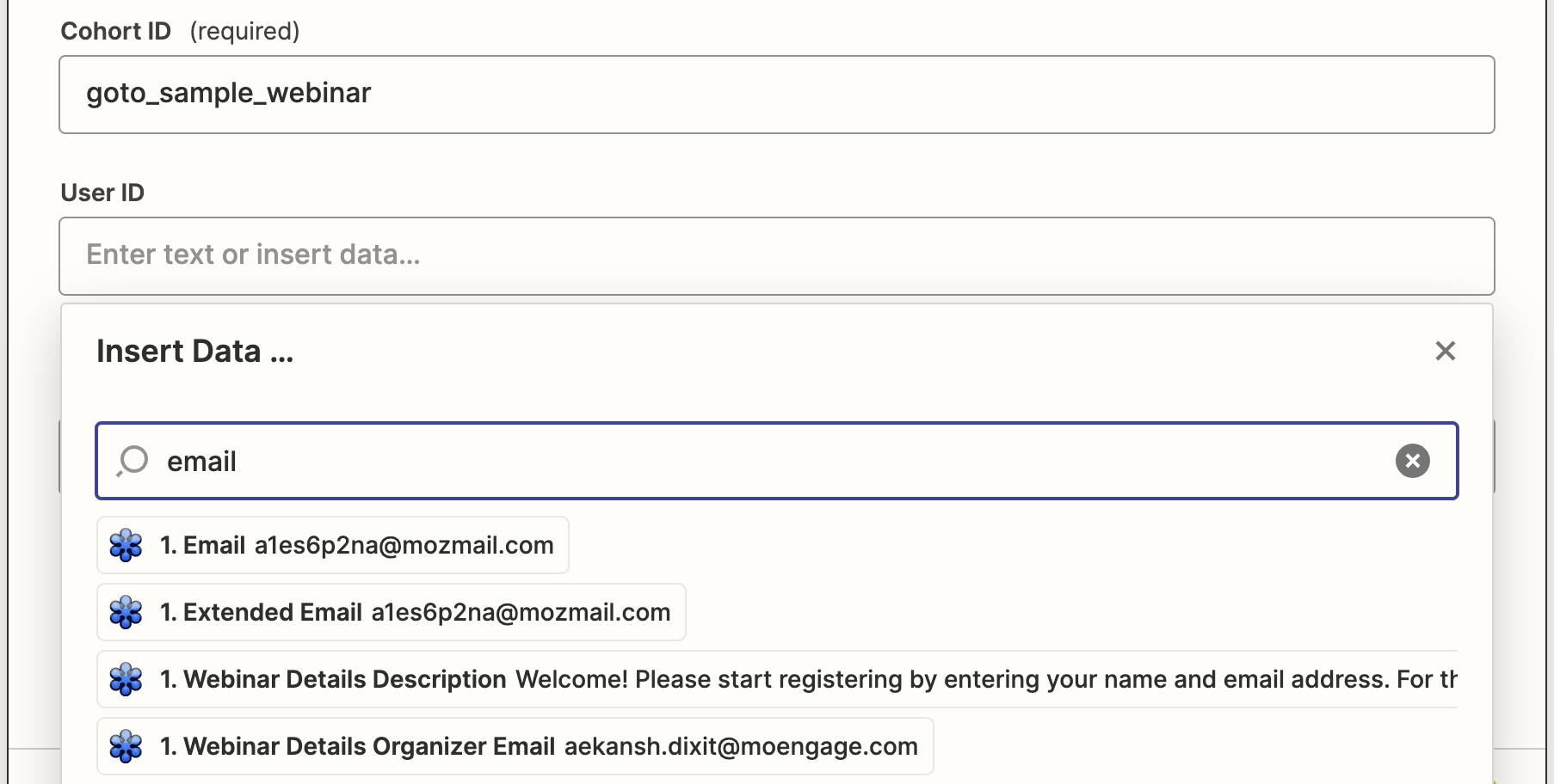 Cohort action setup with Add/Remove choice and required fields
