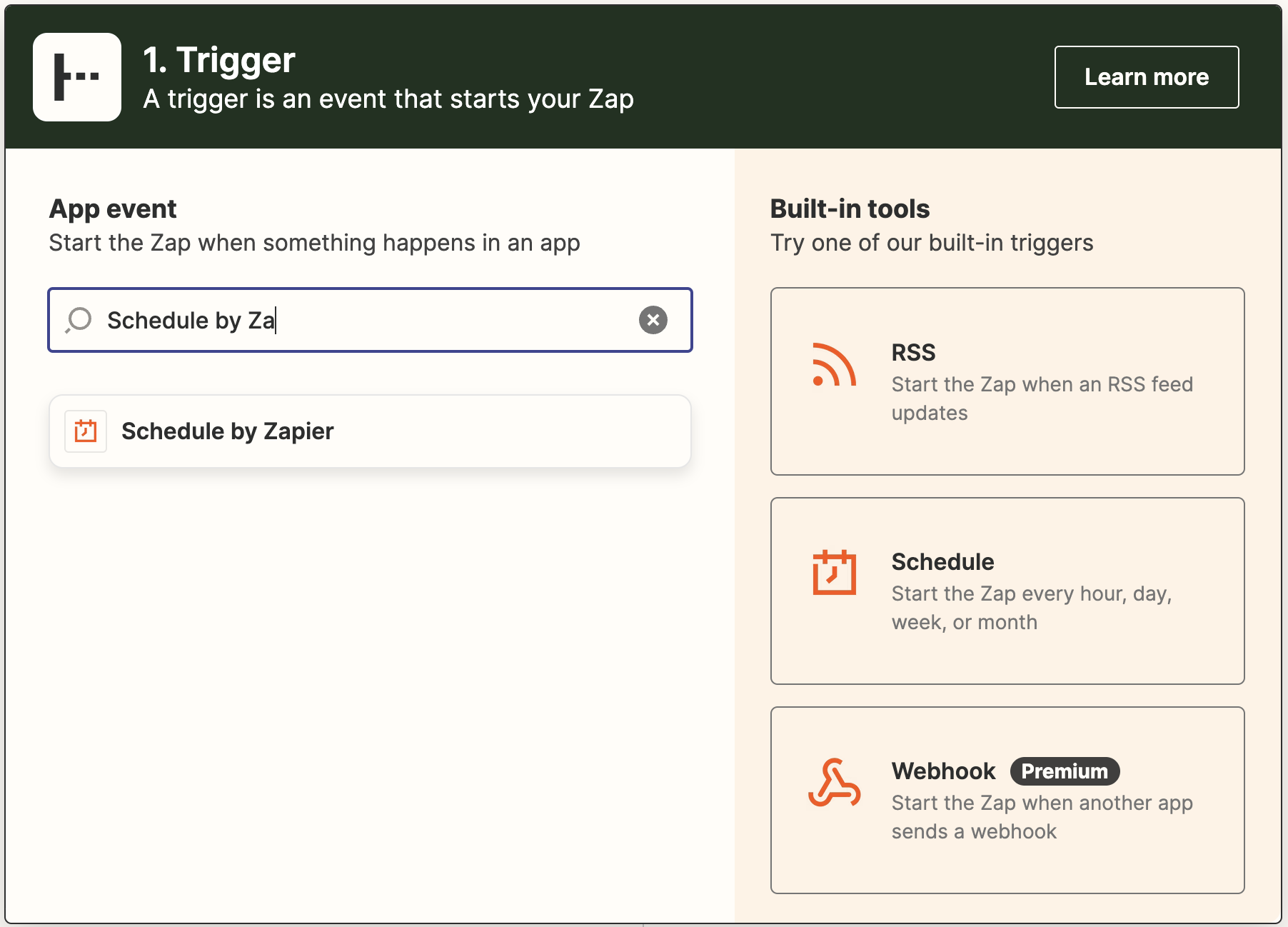 Selecting Schedule by Zapier as the trigger app