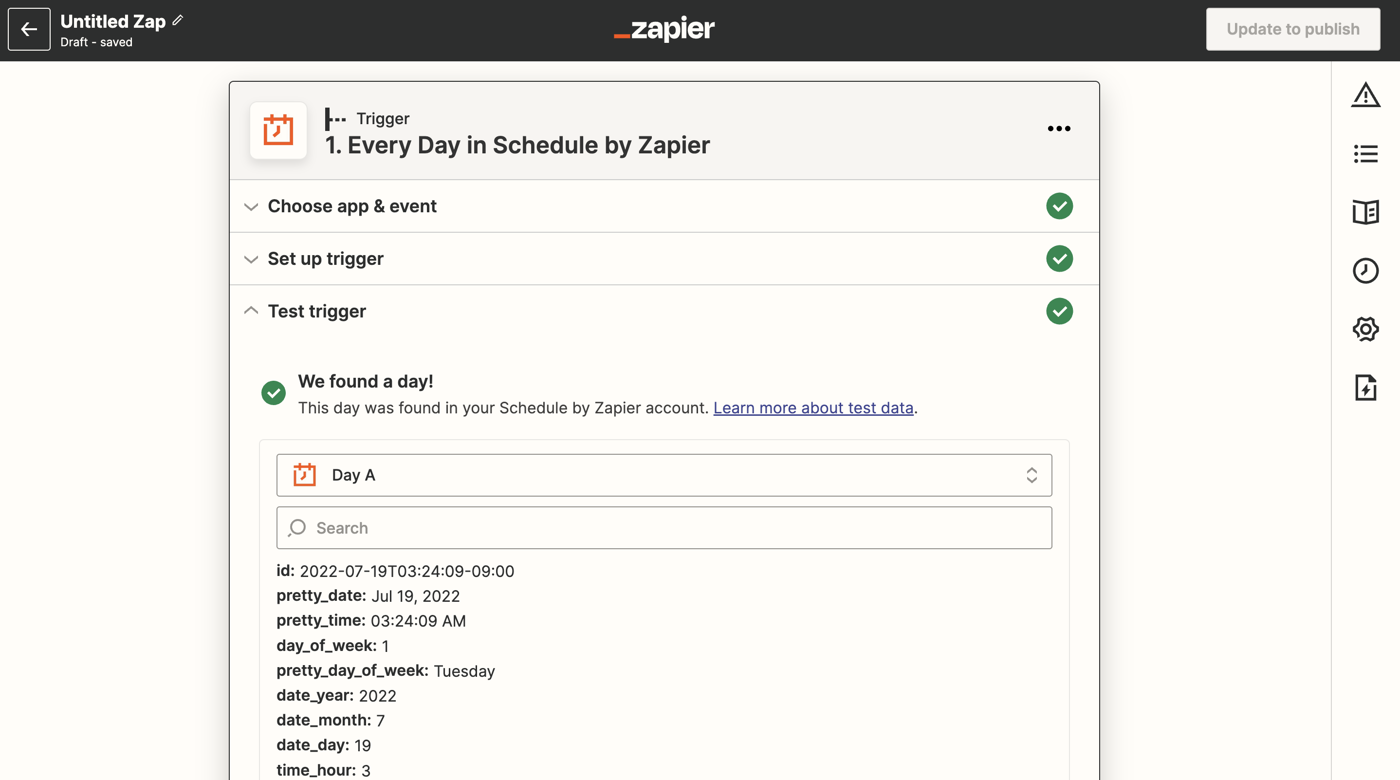 Schedule by Zapier trigger setup with Every Day event
