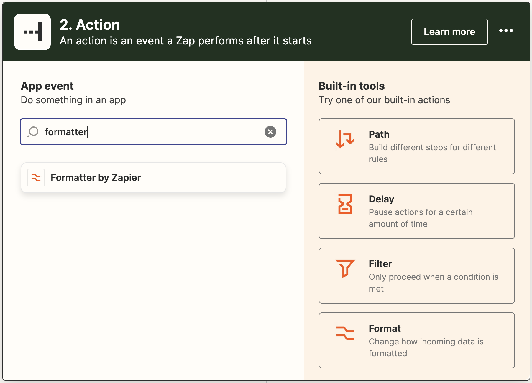 Adding Formatter by Zapier as the next action step