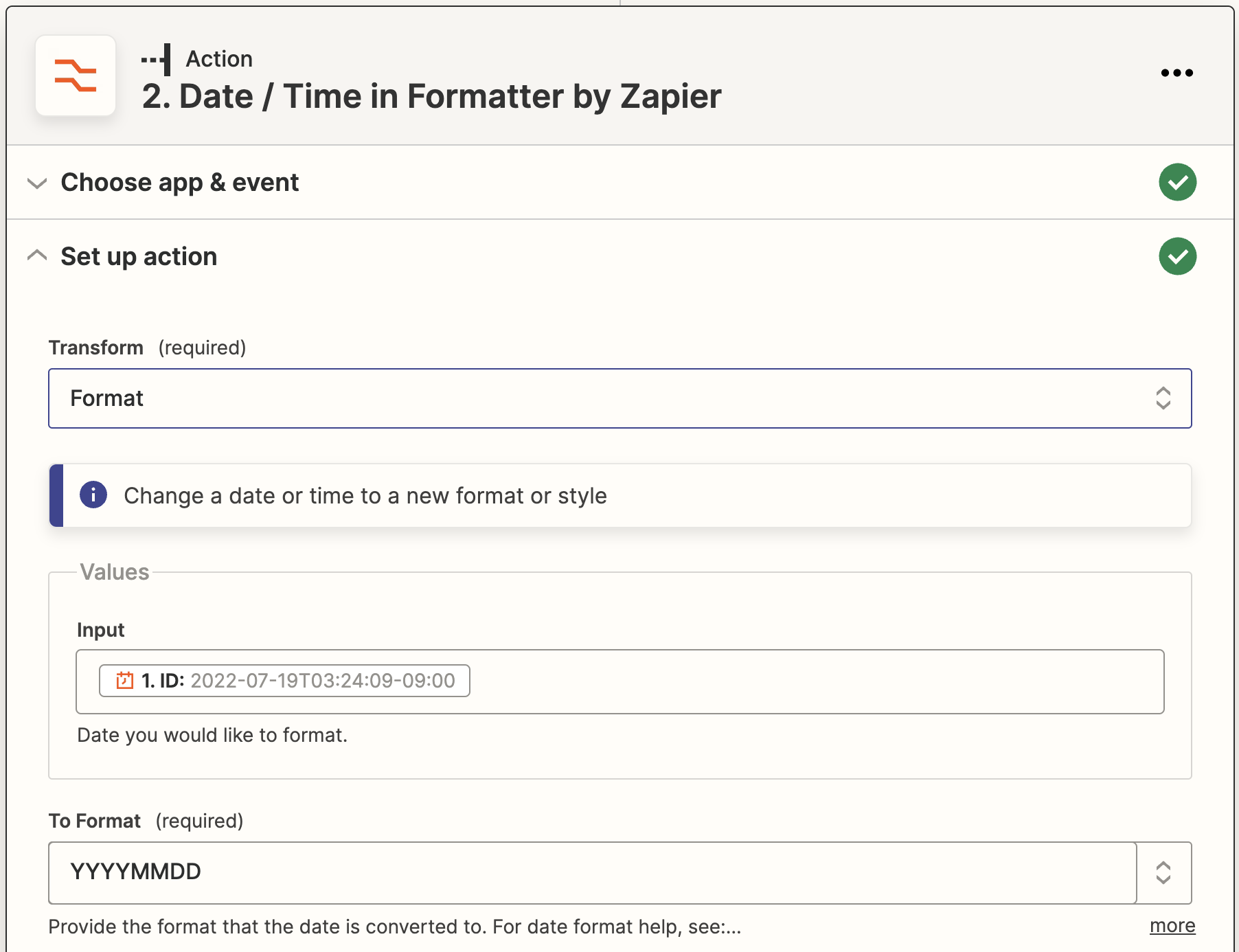 Formatter by Zapier configured to format date as YYYYMMDD