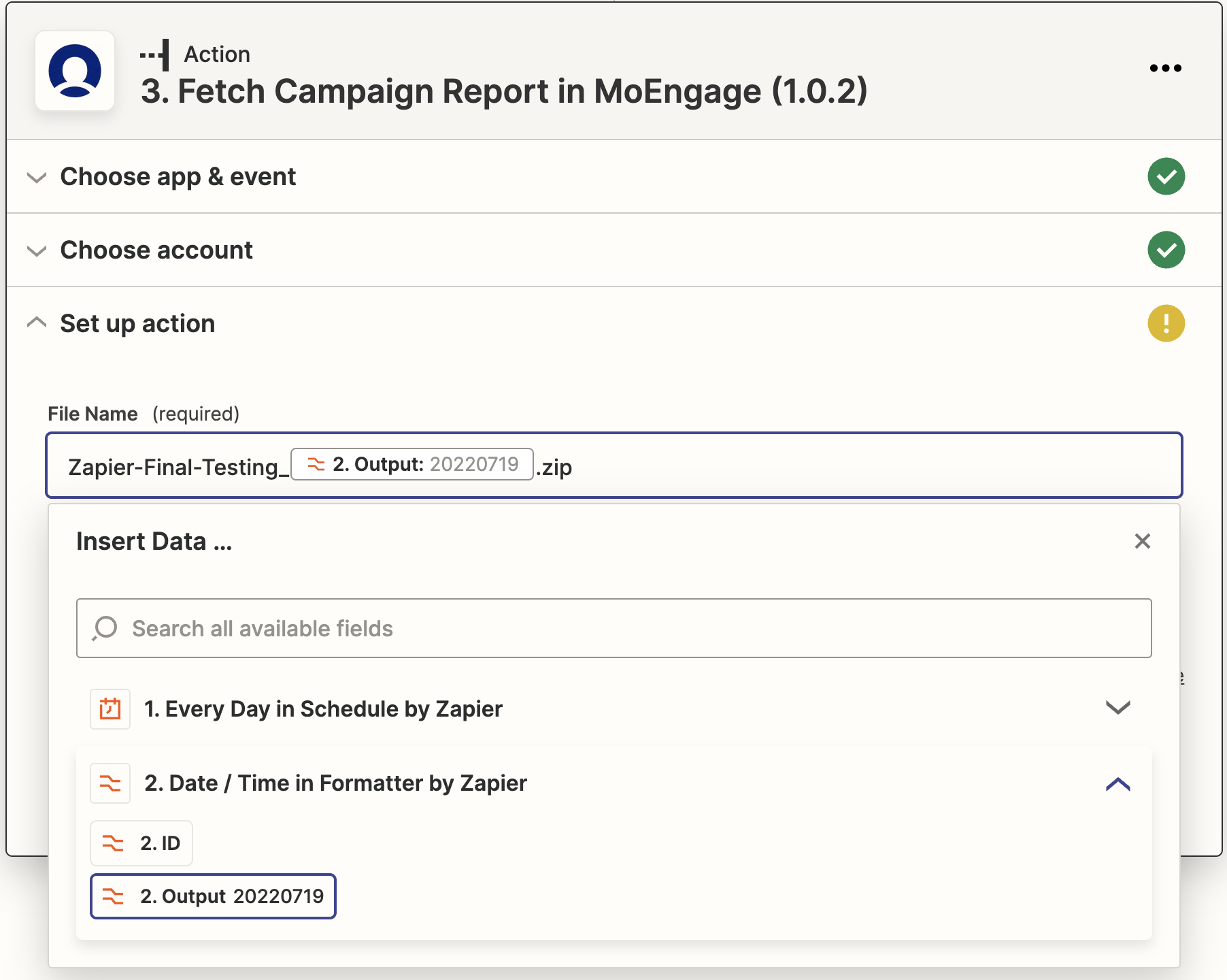 Fetch Campaign Report action setup with File Name and API Secret fields