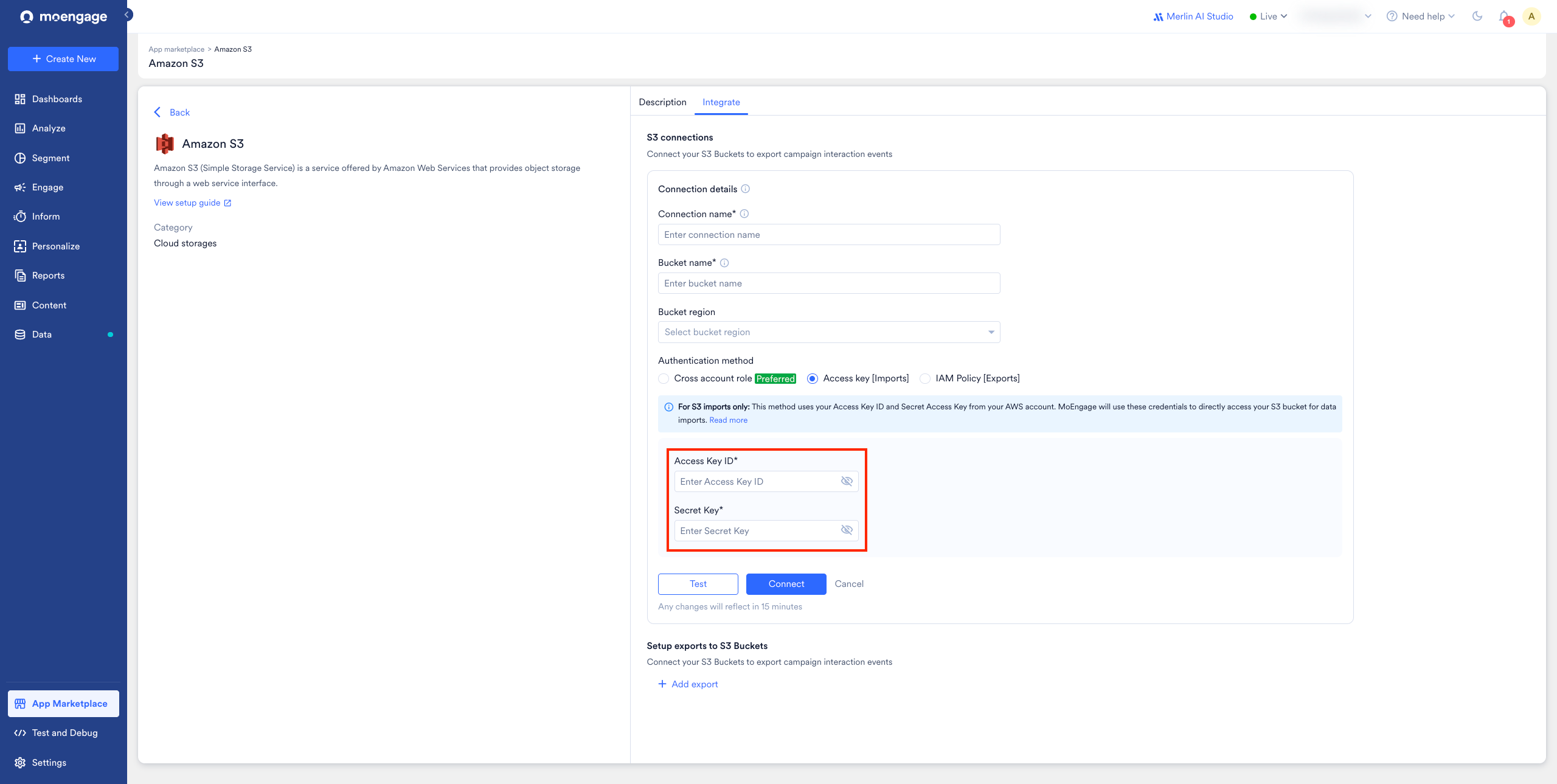 Add Connection form highlighting the Access Key ID and Secret Access Key input fields