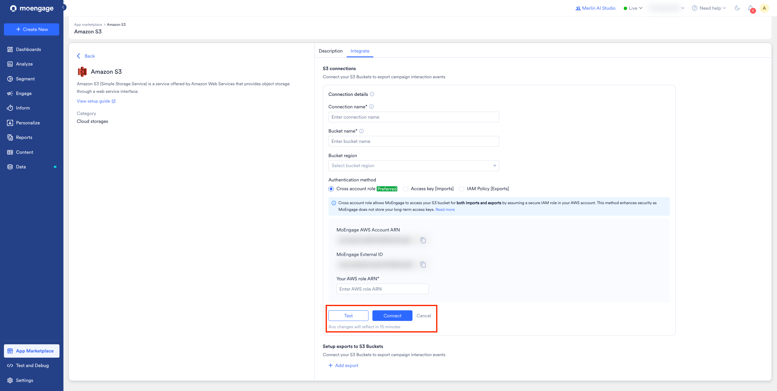 Test and Connect buttons for the Amazon S3 integration