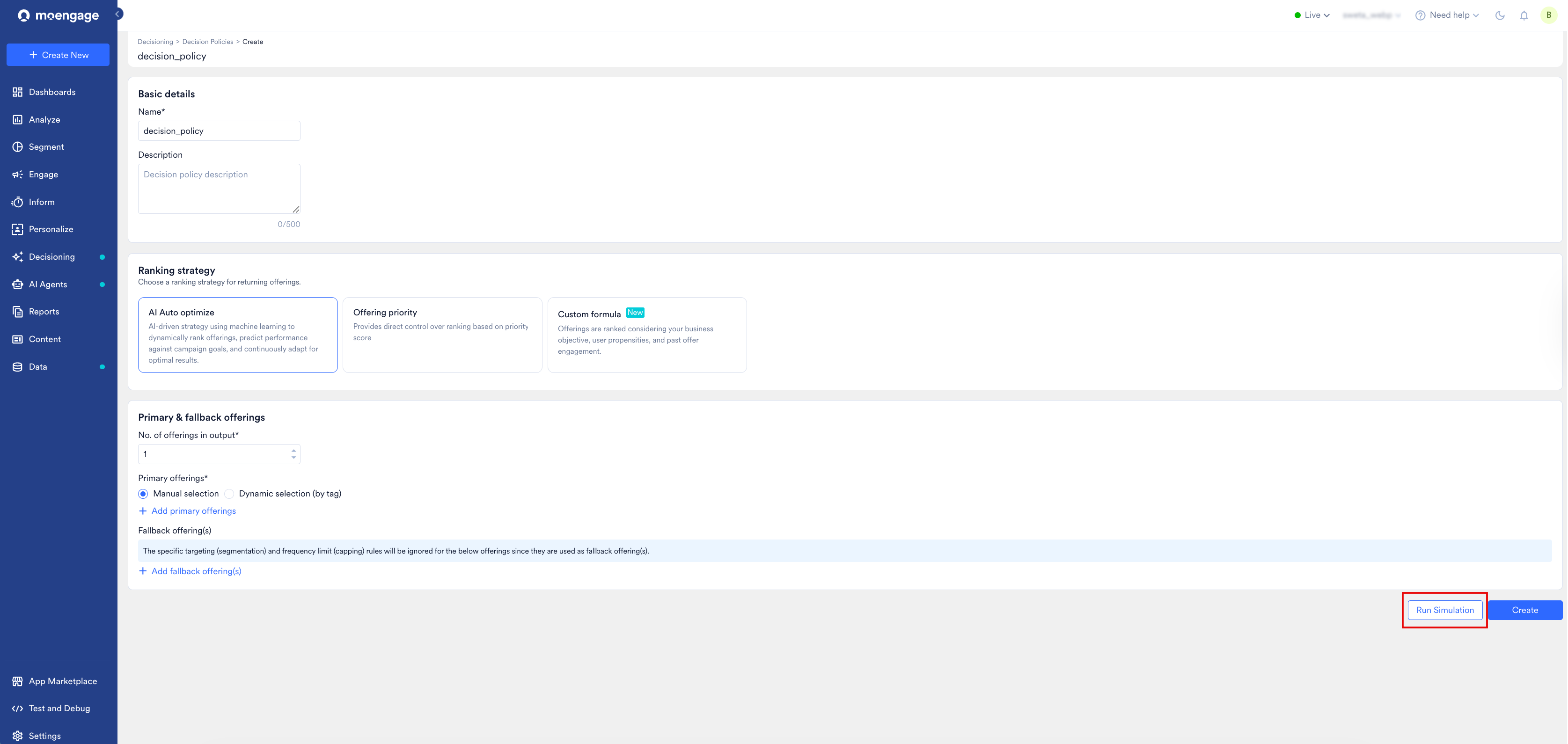 Create Decision Policy page with Run Simulation button highlighted in the lower-right corner