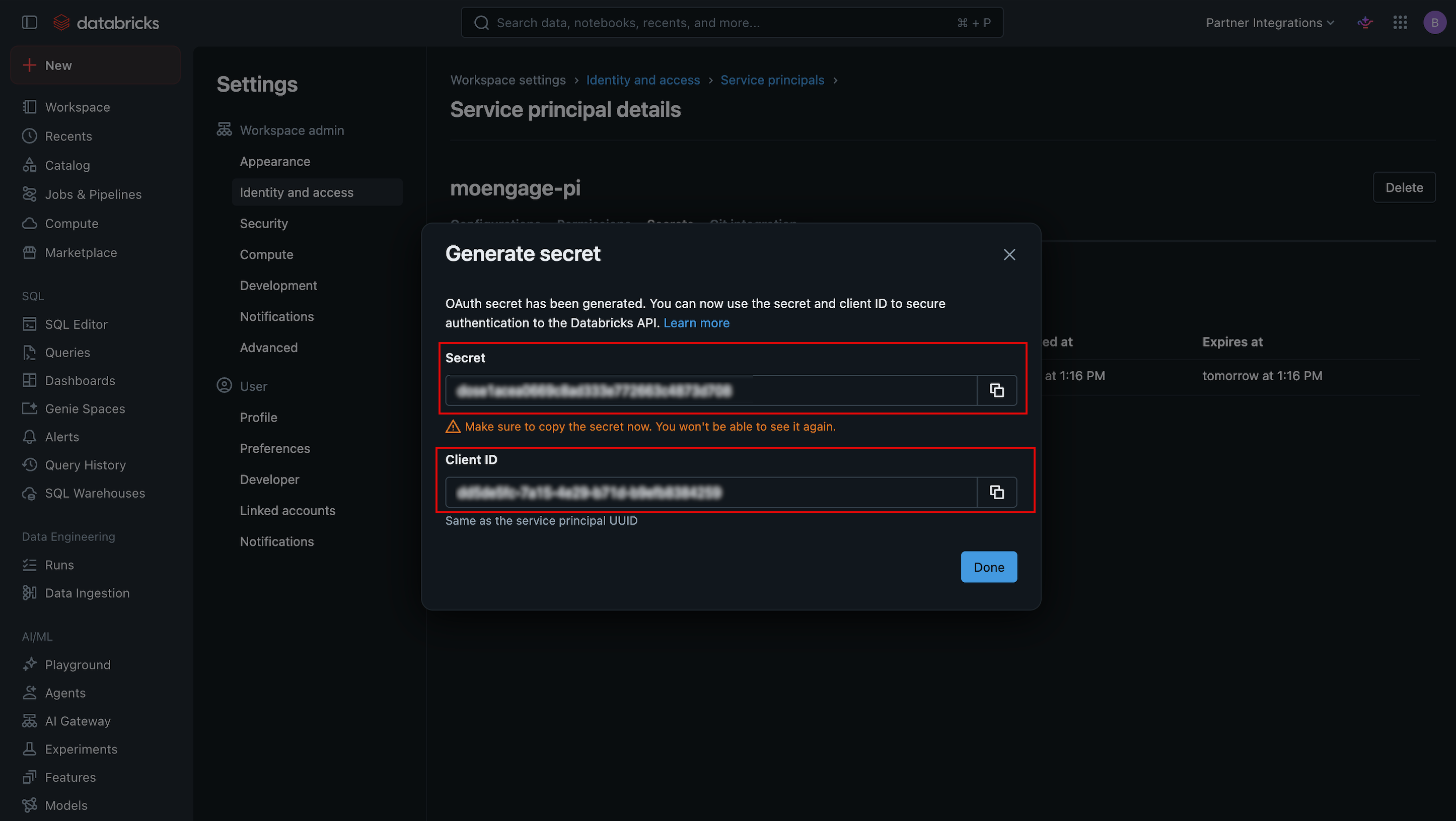 Generated client_id and client_secret confirmation screen