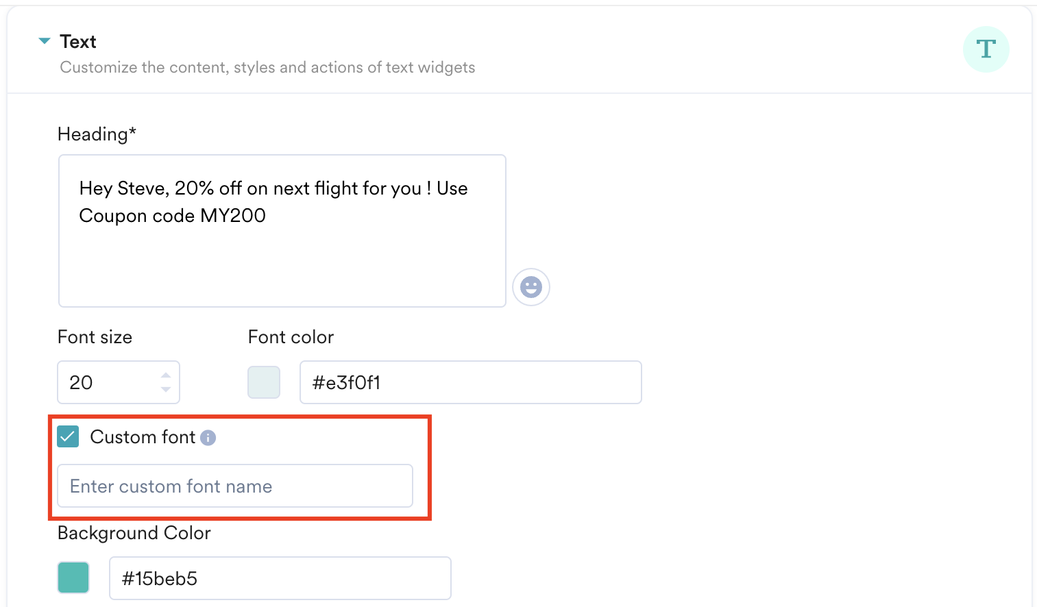 Screenshot showing the Custom font check box and text box