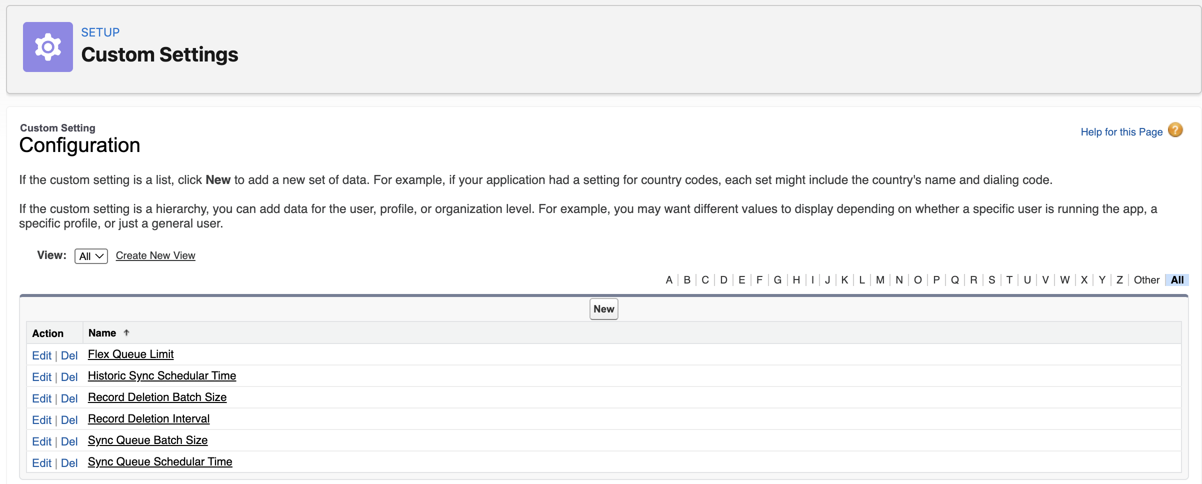 Custom settings configuration page in Salesforce showing six MoEngage app configuration values
