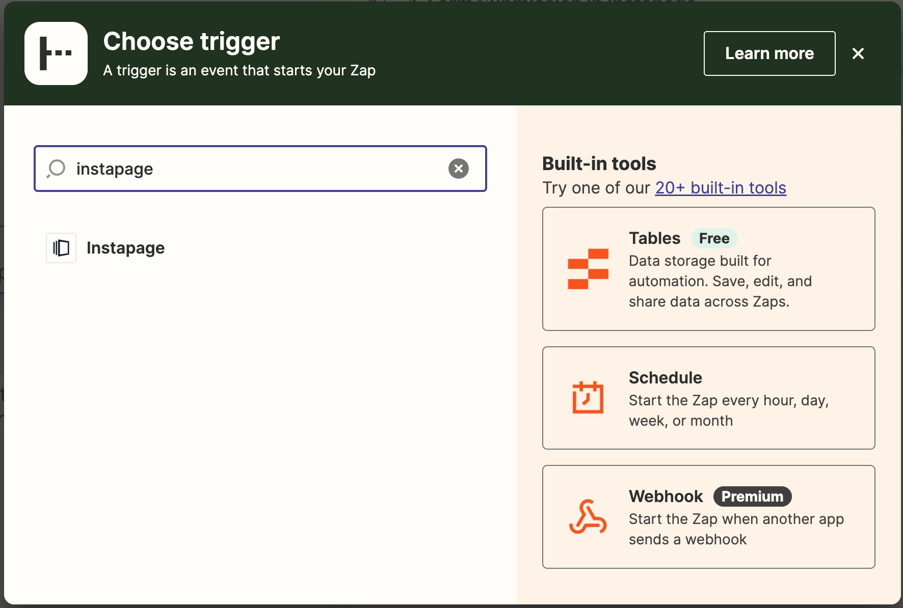 Zapier trigger configuration screen with Instapage selected as the trigger app