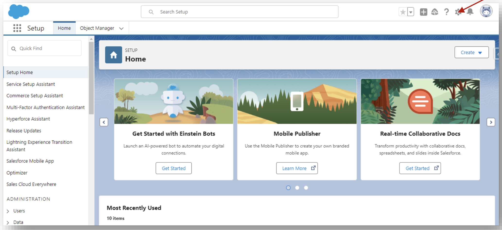 Salesforce gear icon menu with Setup highlighted
