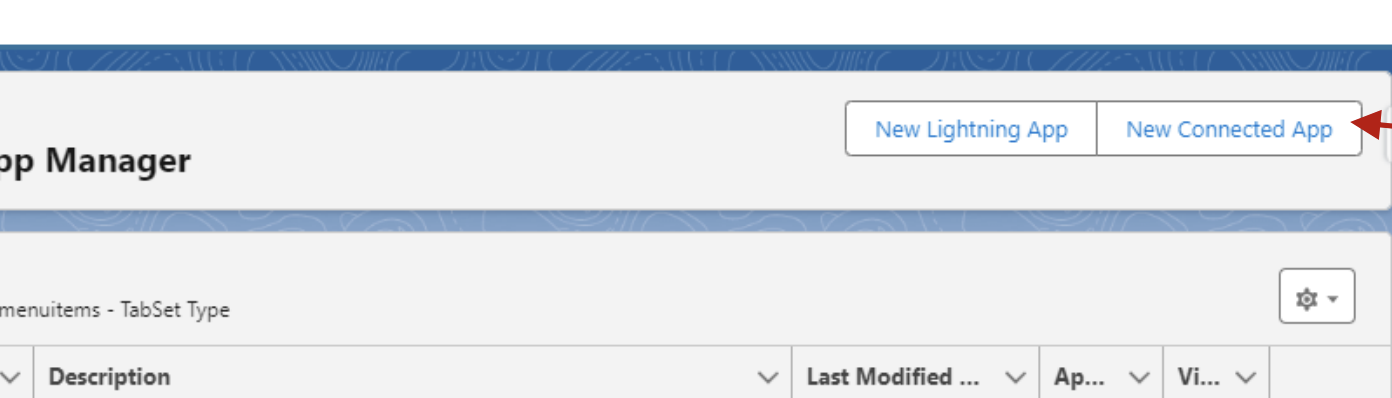 Salesforce App Manager with the New Connected App button highlighted