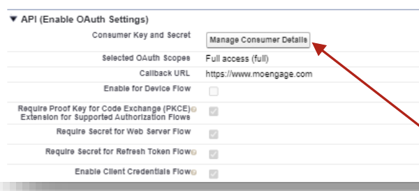 Manage Consumer Details button in the OAuth settings section of a Salesforce connected app