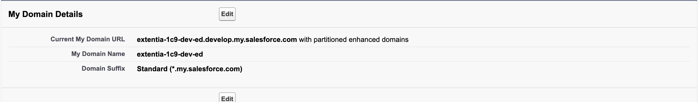 Salesforce My Domain settings page showing the current domain URL