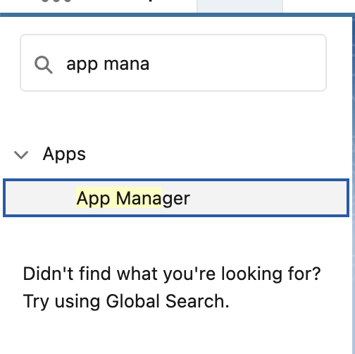 Salesforce Setup search showing App Manager in the results