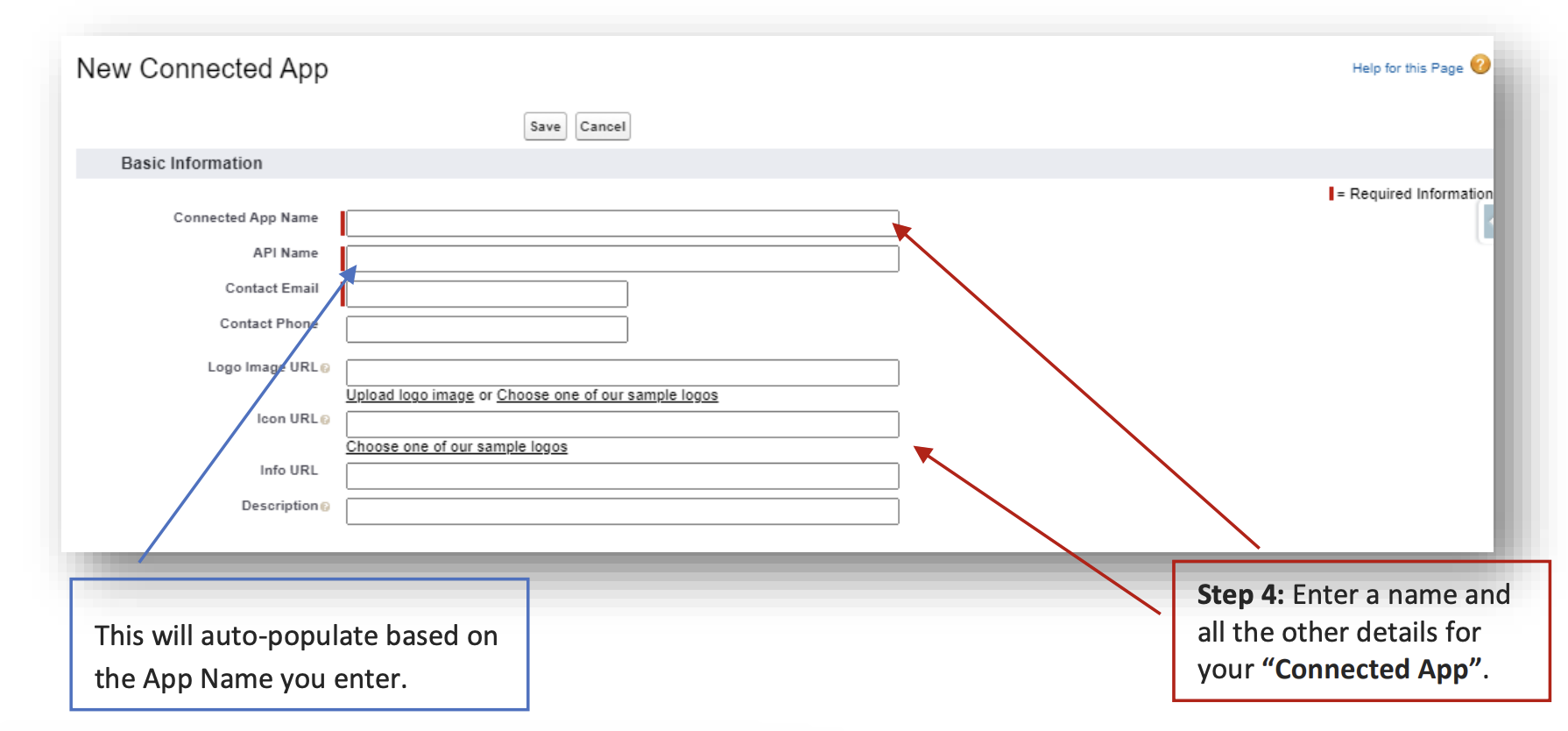 Salesforce New Connected App form with basic information fields