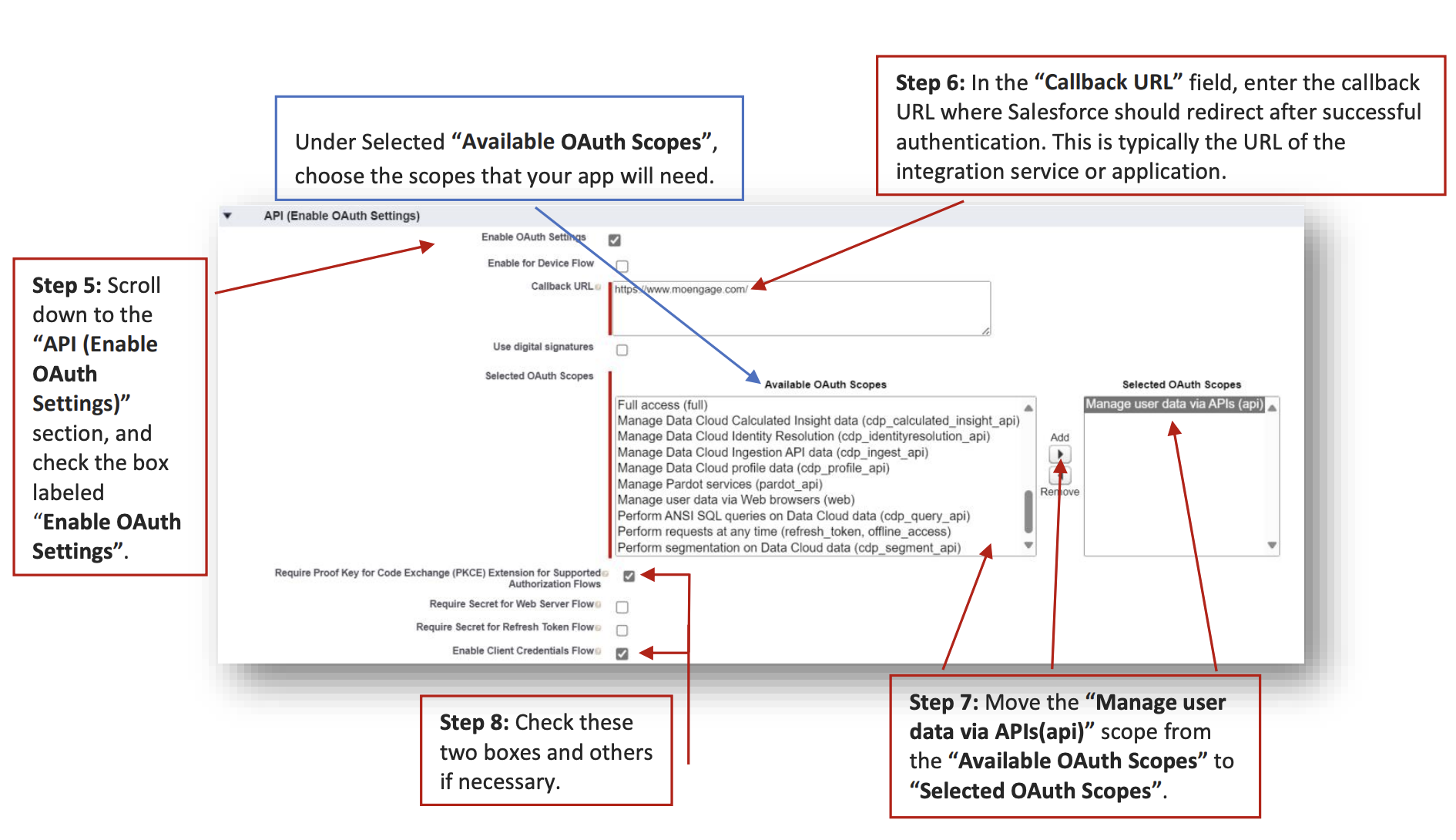 Salesforce Connected App OAuth scopes configuration with the api scope selected